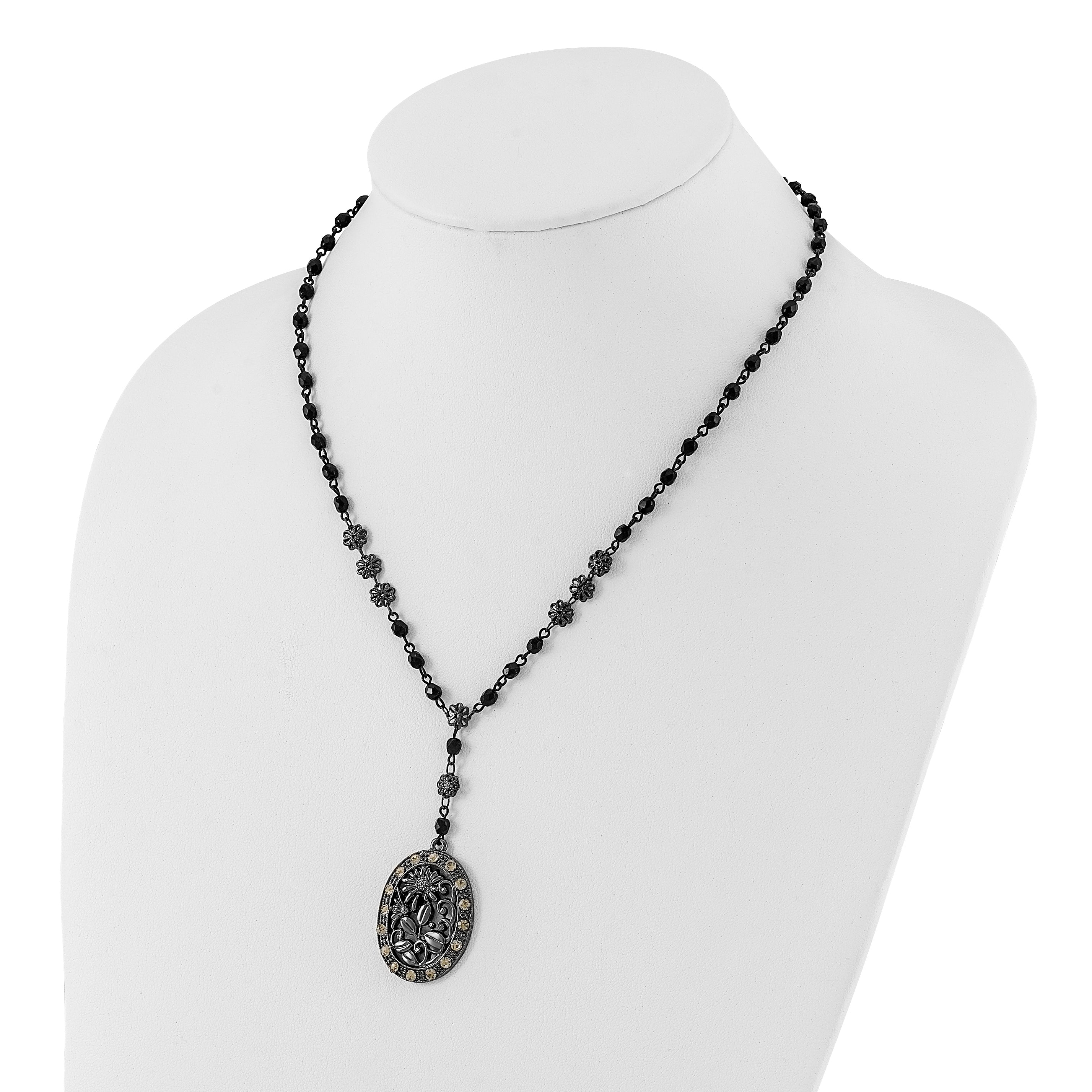 1928 Black-plated White Crystal & Glass Beaded Oval With 3in. Ext. Necklace