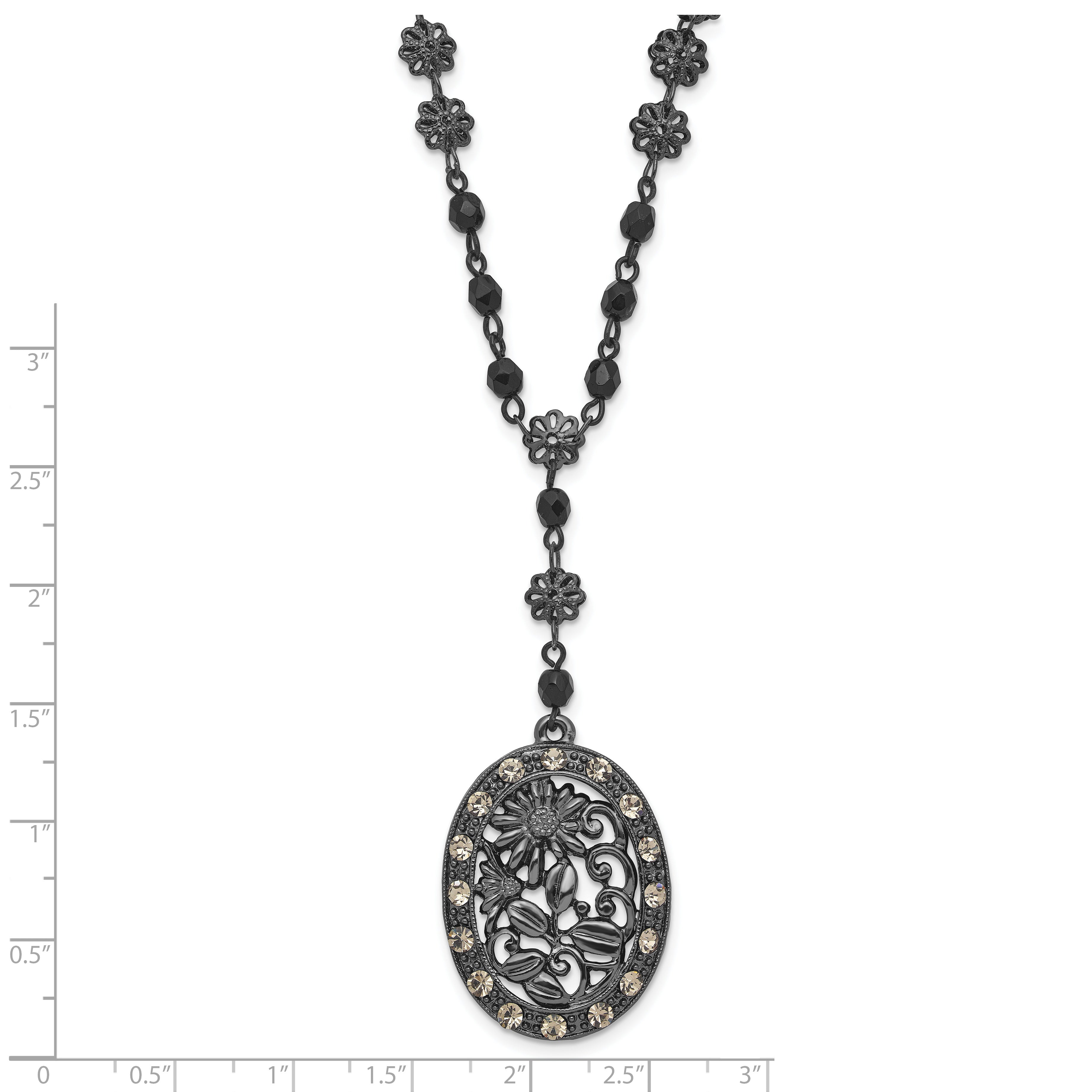 1928 Black-plated White Crystal & Glass Beaded Oval With 3in. Ext. Necklace