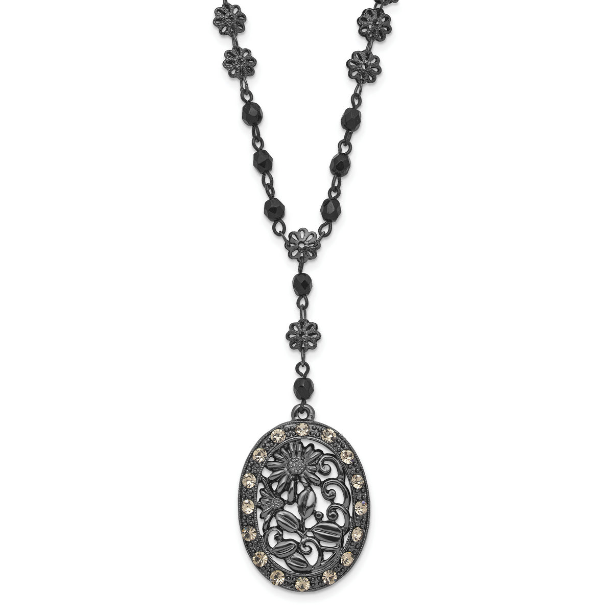 1928 Black-plated White Crystal & Glass Beaded Oval With 3in. Ext. Necklace