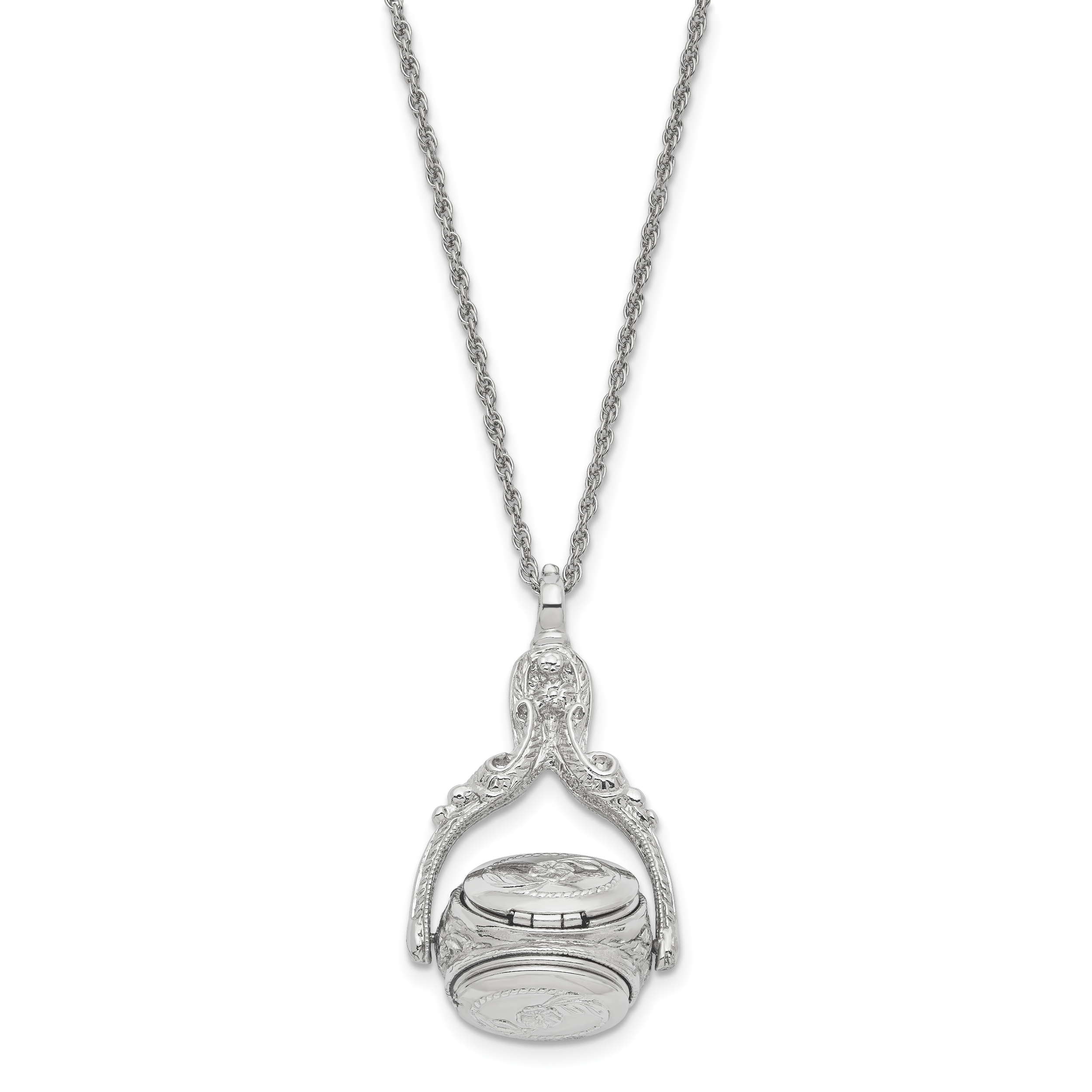 1928 Jewelry Silver-tone Three Sided Spinning Floral Pattern Oval 13mm Lockets 30 inch Necklace Holds 6 Photos Secondary image
