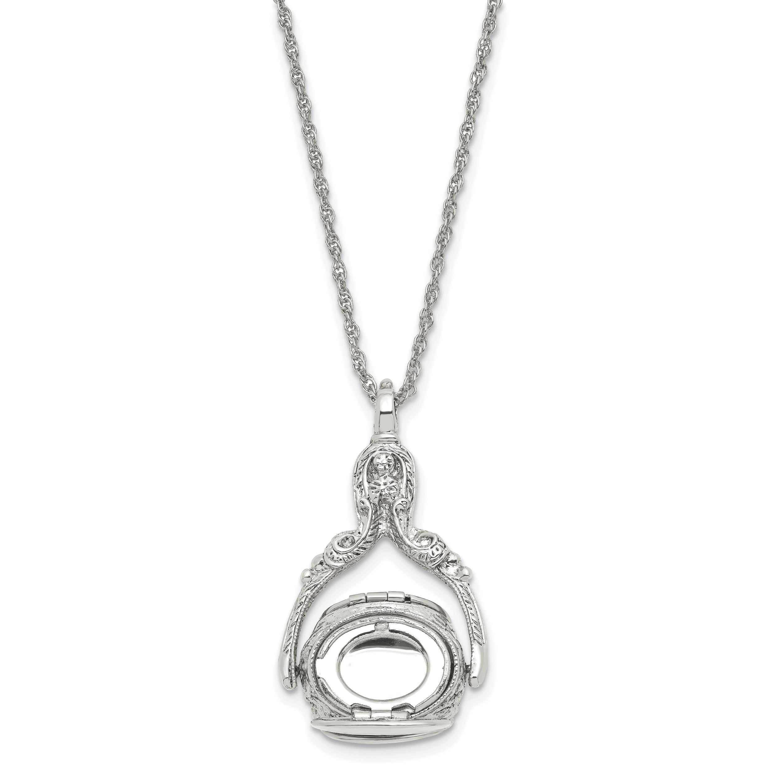 1928 Jewelry Silver-tone Three Sided Spinning Floral Pattern Oval 13mm Lockets 30 inch Necklace Holds 6 Photos