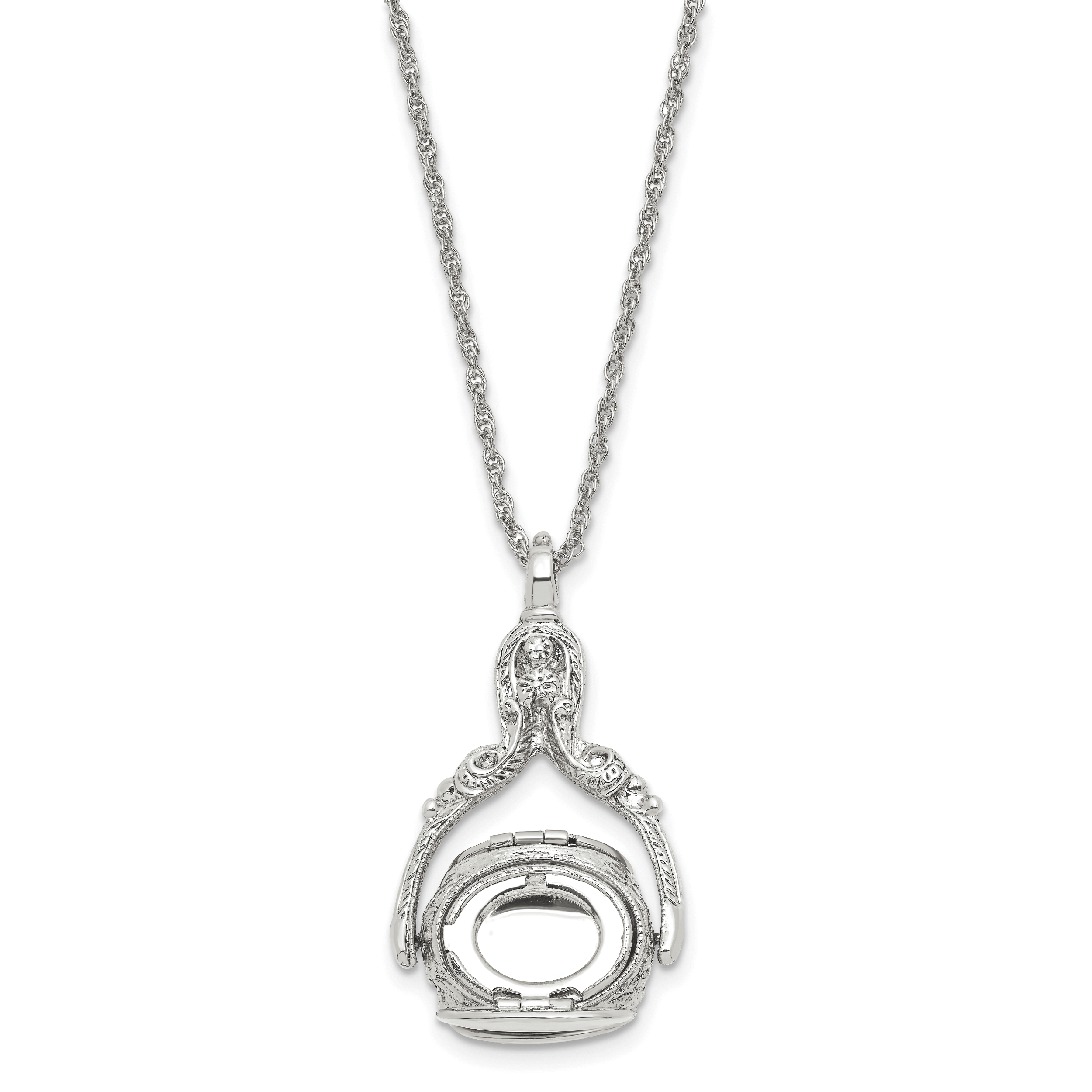1928 Jewelry Silver-tone Three Sided Spinning Floral Pattern Oval 13mm Lockets 30 inch Necklace Holds 6 Photos