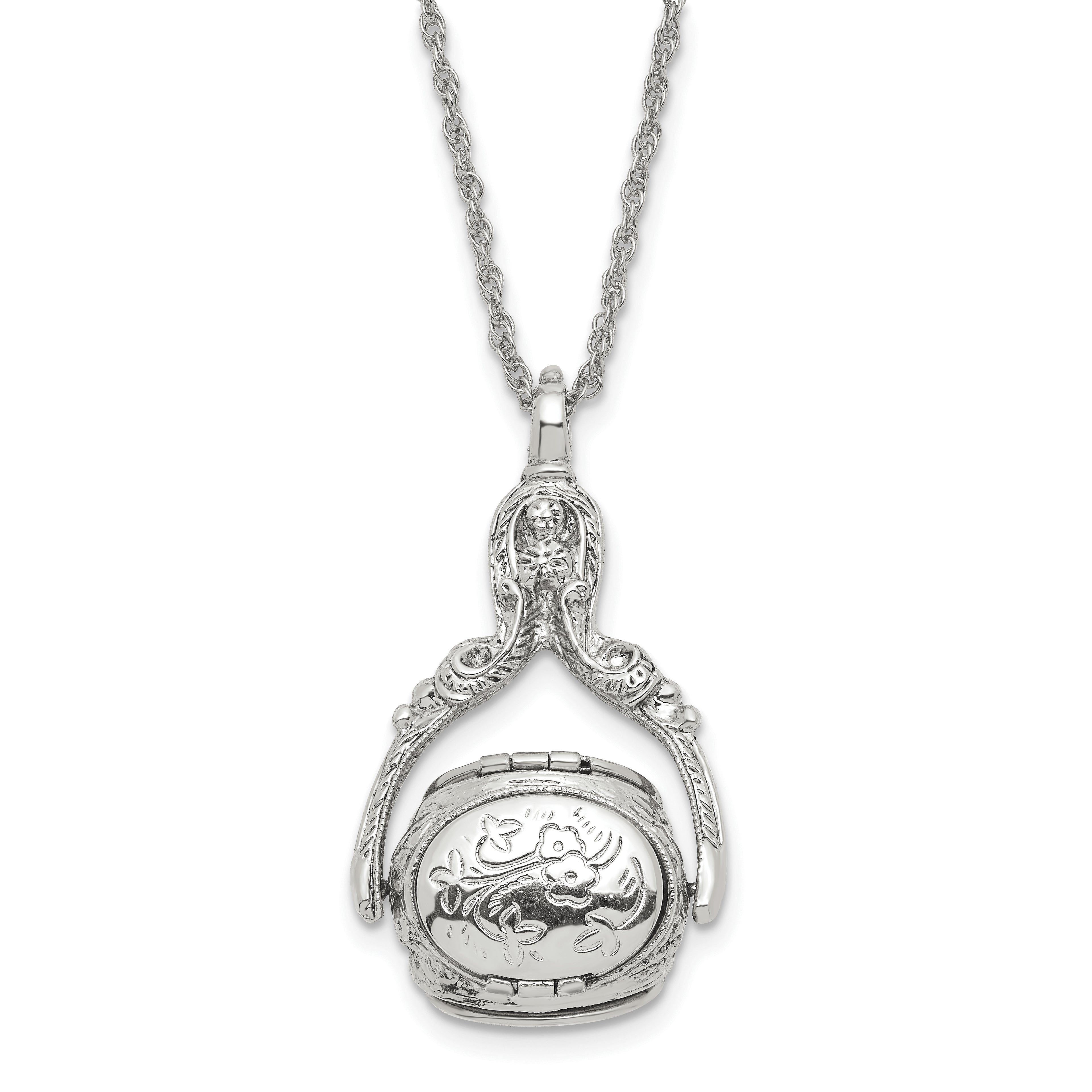 1928 Jewelry Silver-tone Three Sided Spinning Floral Pattern Oval 13mm Lockets 30 inch Necklace Holds 6 Photos
