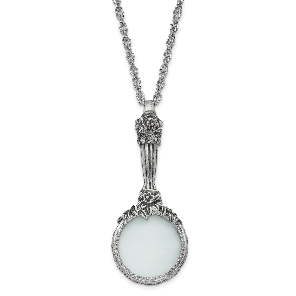 1928 Jewelry Silver-tone Textured Vintage Handle 4-5X Magnifying Glass 30 inch Necklace