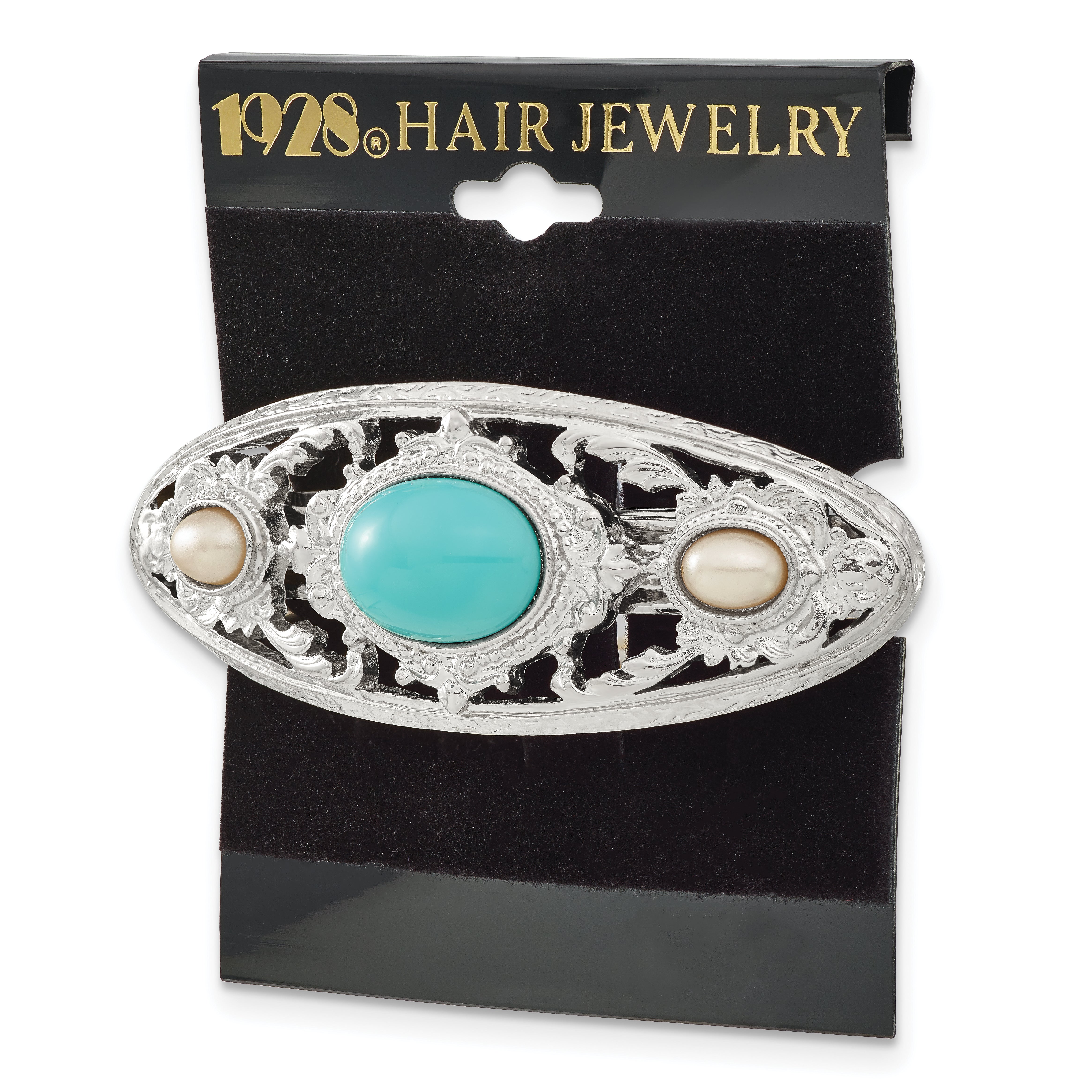 1928 Jewelry Silver-tone Ornate Imitation Pearl and Turquoise Acrylic Stone Hair Barrette
