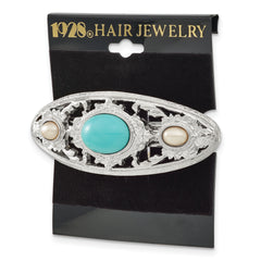 1928 Jewelry Silver-tone Ornate Imitation Pearl and Turquoise Acrylic Stone Hair Barrette