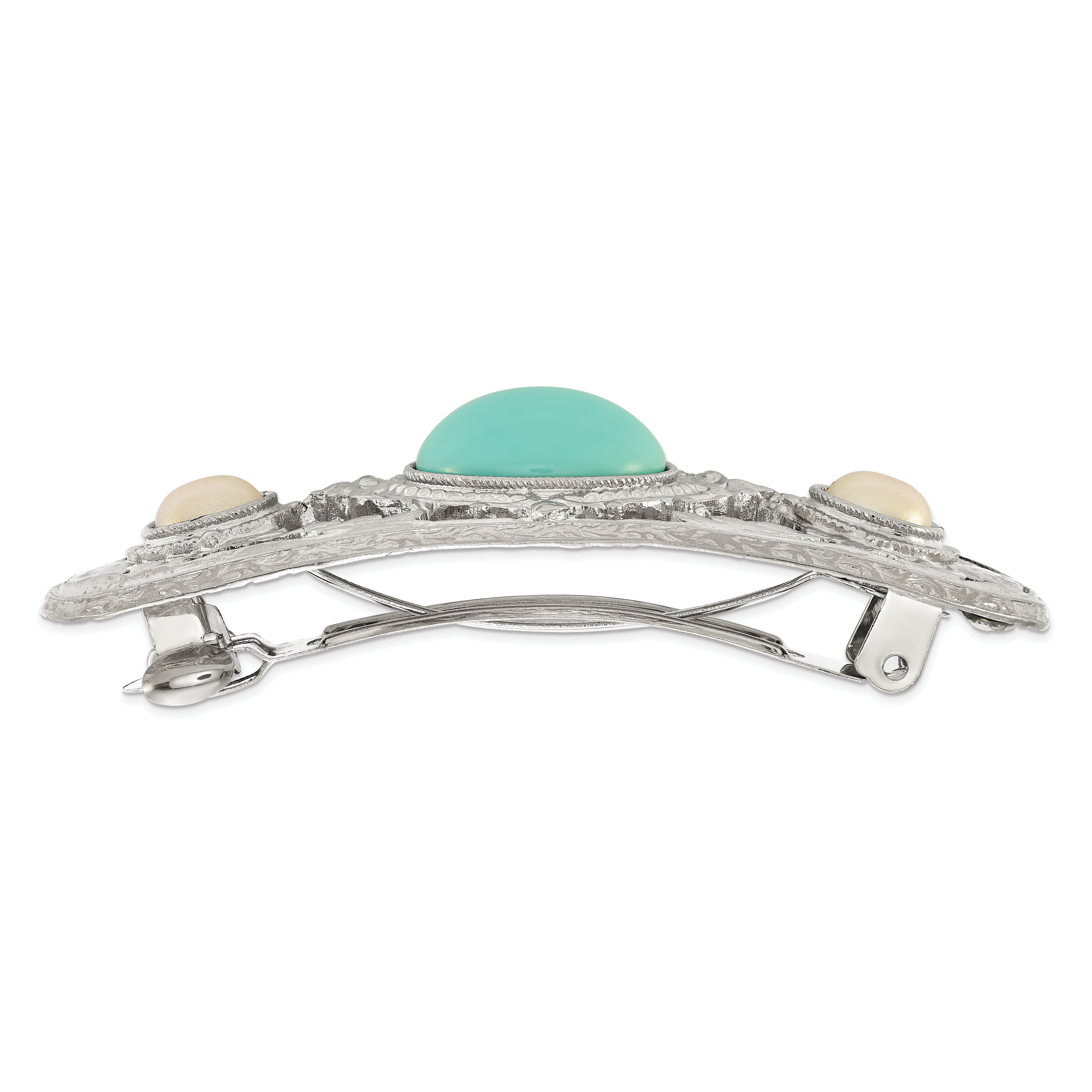 1928 Jewelry Silver-tone Ornate Imitation Pearl and Turquoise Acrylic Stone Hair Barrette Secondary image