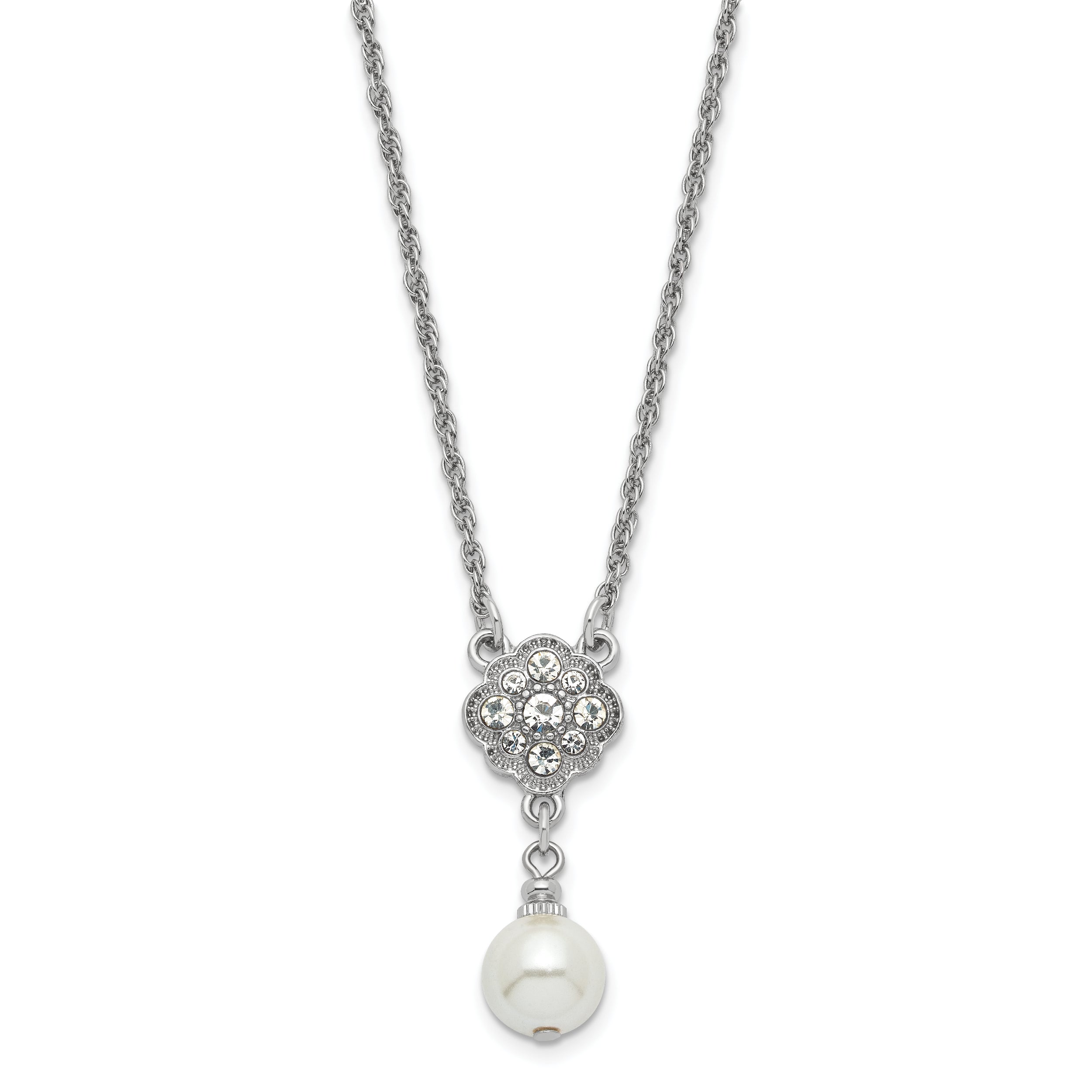 1928 Silver-tone Crystal and Imitation Pearl 16in With  3in ext. Necklace