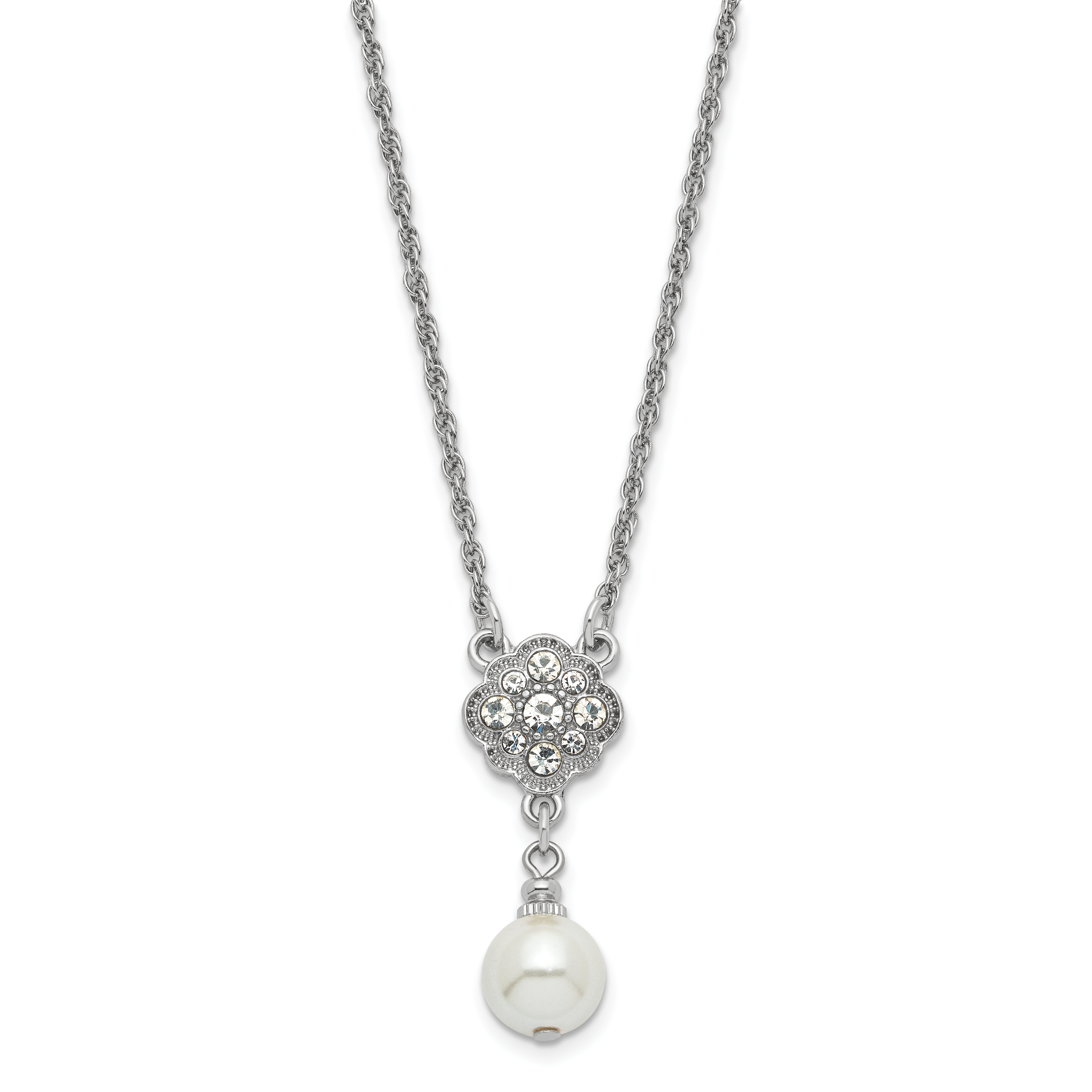 1928 Silver-tone Crystal and Imitation Pearl 16in With  3in ext. Necklace