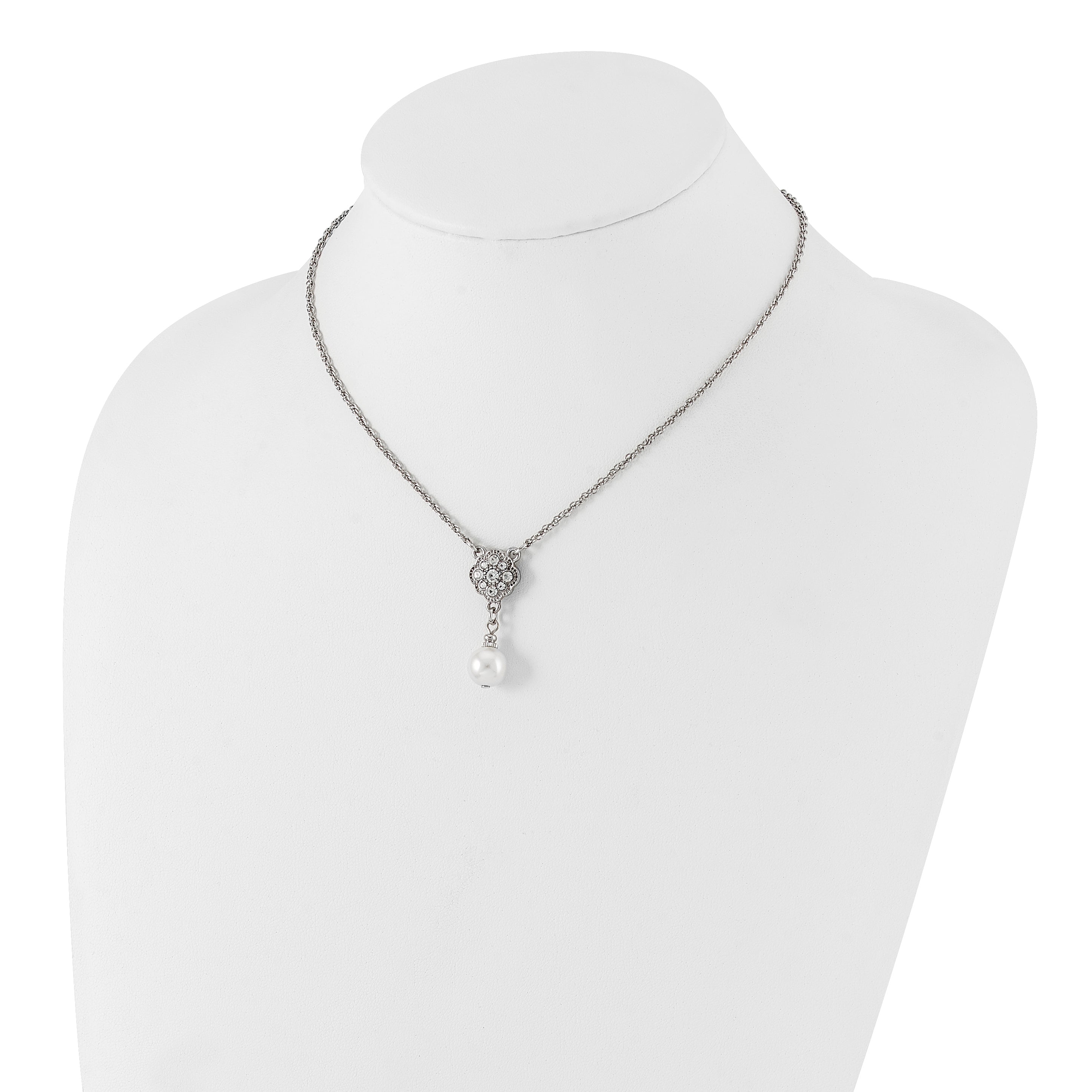 1928 Silver-tone Crystal and Imitation Pearl 16in With  3in ext. Necklace