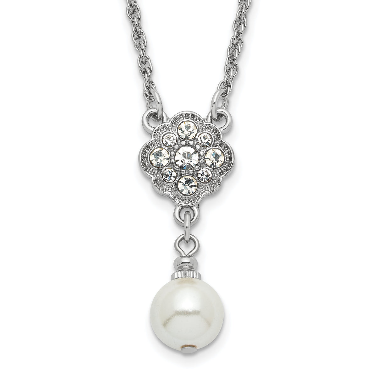 1928 Silver-tone Crystal and Imitation Pearl 16in With  3in ext. Necklace
