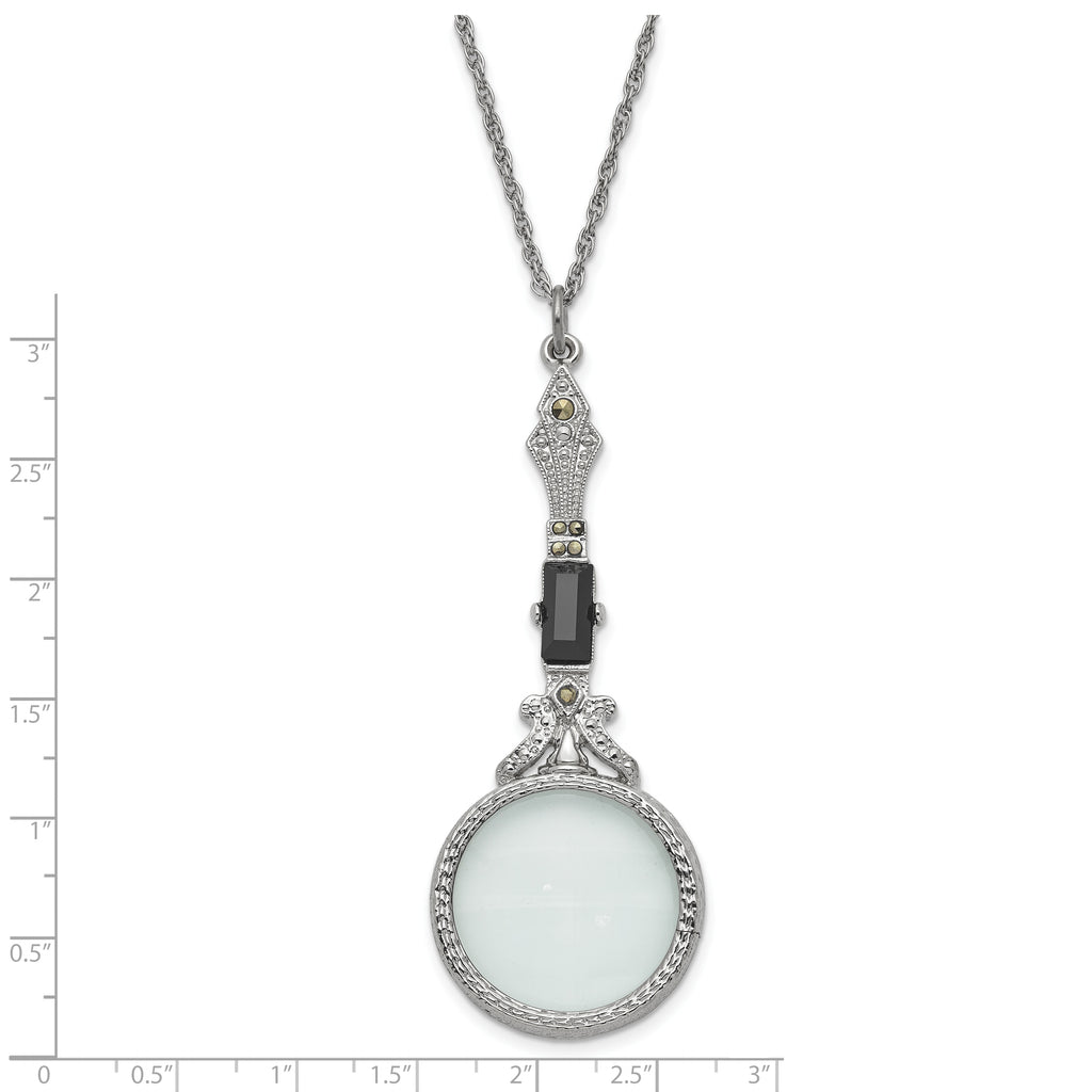 1928 Jewelry Silver-tone Black Glass Stone and Marcasite Vintage Handle 4-5X Magnifying Glass 28 inch Necklace