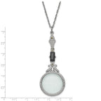 1928 Jewelry Silver-tone Black Glass Stone and Marcasite Vintage Handle 4-5X Magnifying Glass 28 inch Necklace