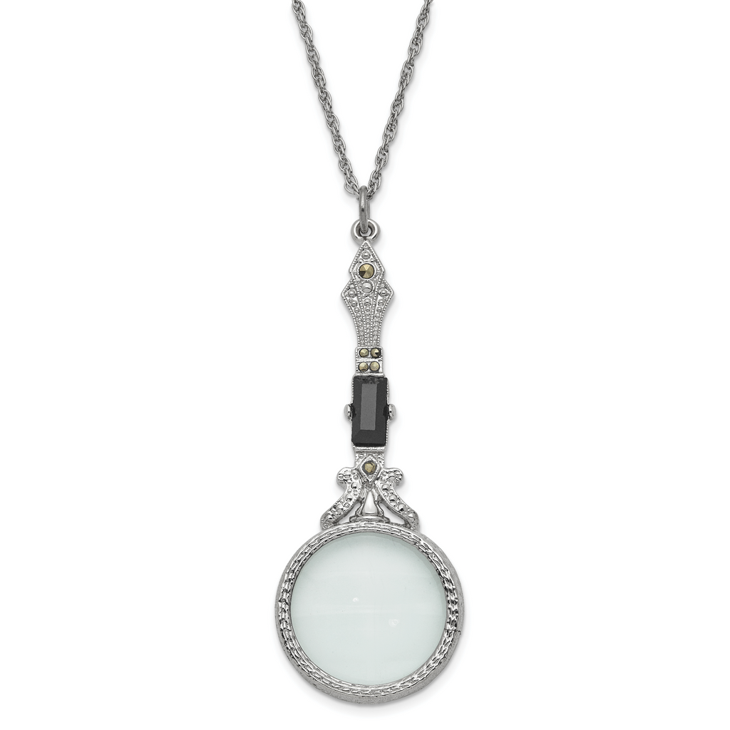 1928 Jewelry Silver-tone Black Glass Stone and Marcasite Vintage Handle 4-5X Magnifying Glass 28 inch Necklace