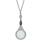 1928 Jewelry Silver-tone Black Glass Stone and Marcasite Vintage Handle 4-5X Magnifying Glass 28 inch Necklace