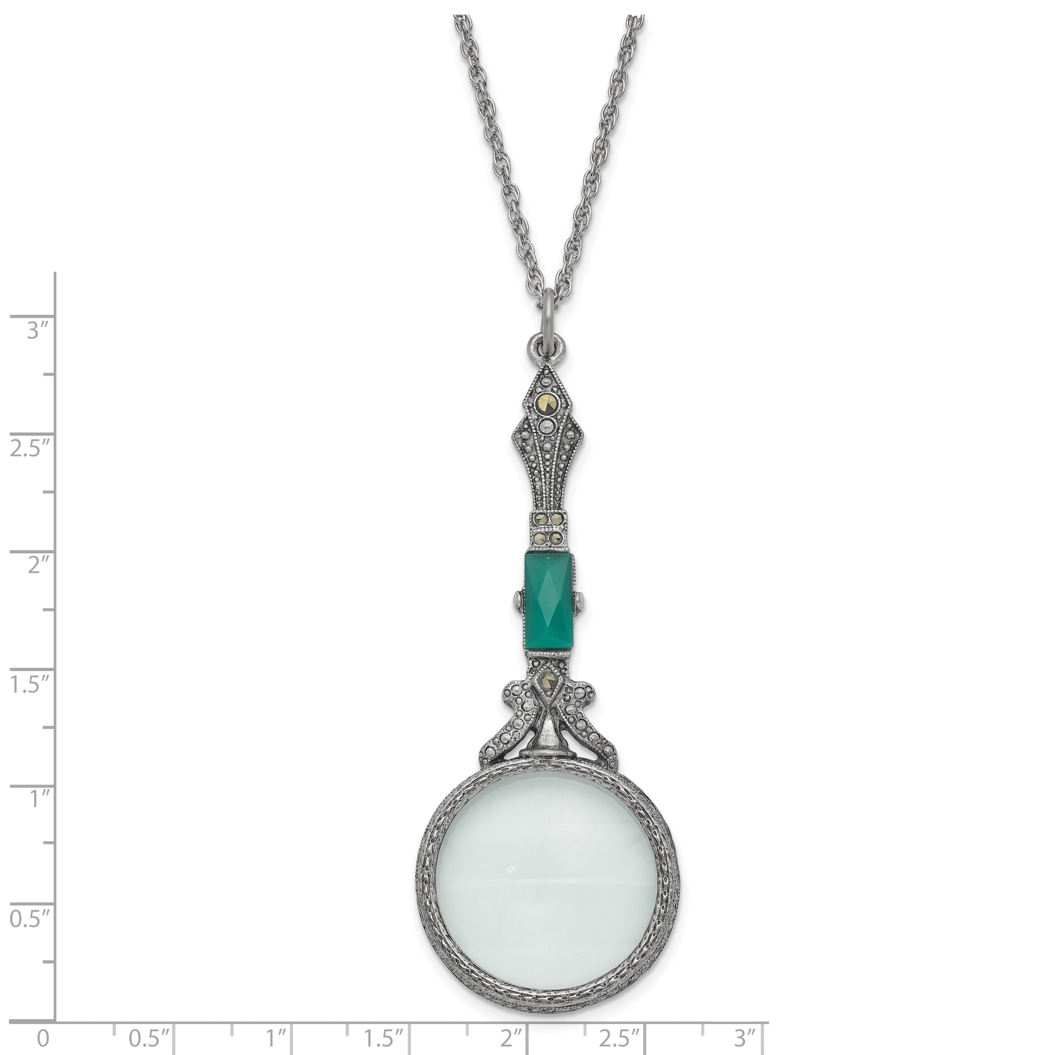 1928 Jewelry Silver-tone Hematite and Green Vintage Handle 4-5X Magnifying Glass 28 inch Necklace