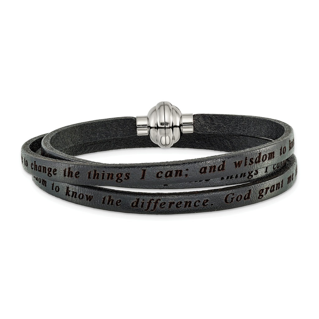 AMEN Stainless Steel Serenity Prayer Black Leather Wrap with Magnetic Clasp 23.5 Inch Bracelet - Sophia Jewelers