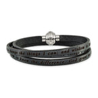 AMEN Stainless Steel Serenity Prayer Black Leather Wrap with Magnetic Clasp 23.5 Inch Bracelet - Sophia Jewelers