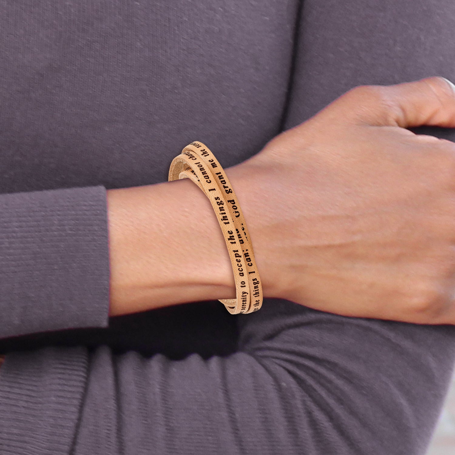 AMEN Stainless Steel Serenity Prayer Tan Leather Wrap with Magnetic Clasp 22.25 Inch Bracelet - Sophia Jewelers