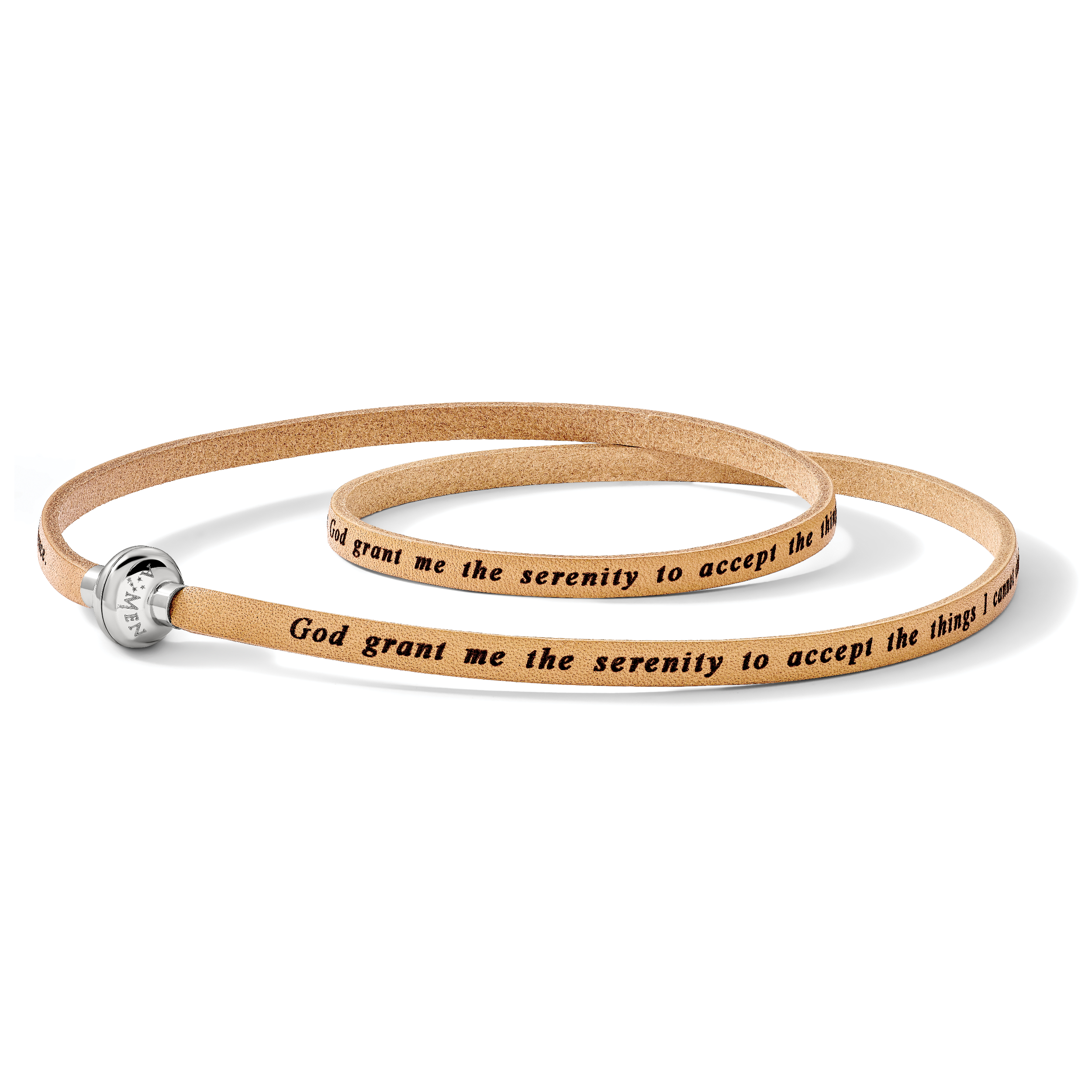 AMEN Stainless Steel Serenity Prayer Tan Leather Wrap with Magnetic Clasp 22.25 Inch Bracelet - Sophia Jewelers