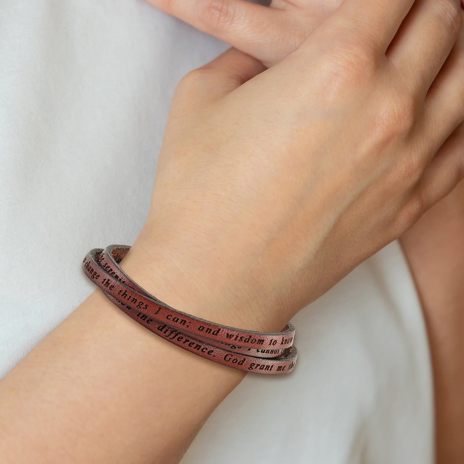 AMEN Stainless Steel Serenity Prayer Brown Leather Wrap with Magnetic Clasp 21 Inch Bracelet - Sophia Jewelers