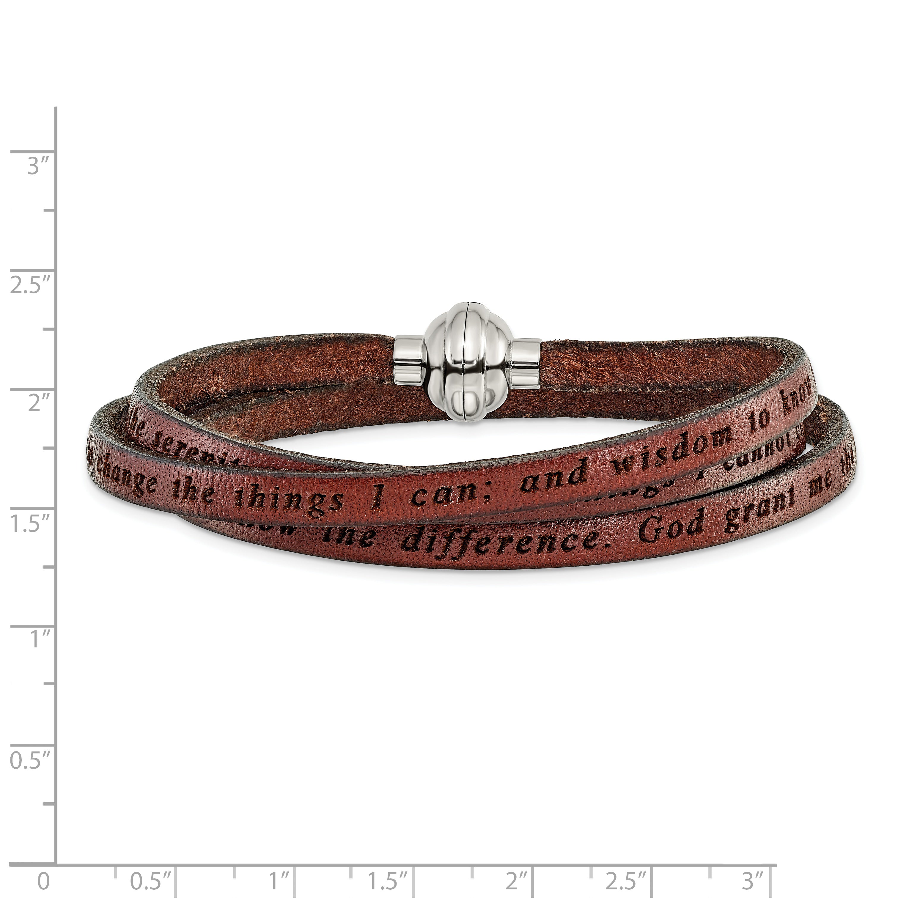 AMEN Stainless Steel Serenity Prayer Brown Leather Wrap with Magnetic Clasp 23.5 Inch Bracelet - Sophia Jewelers