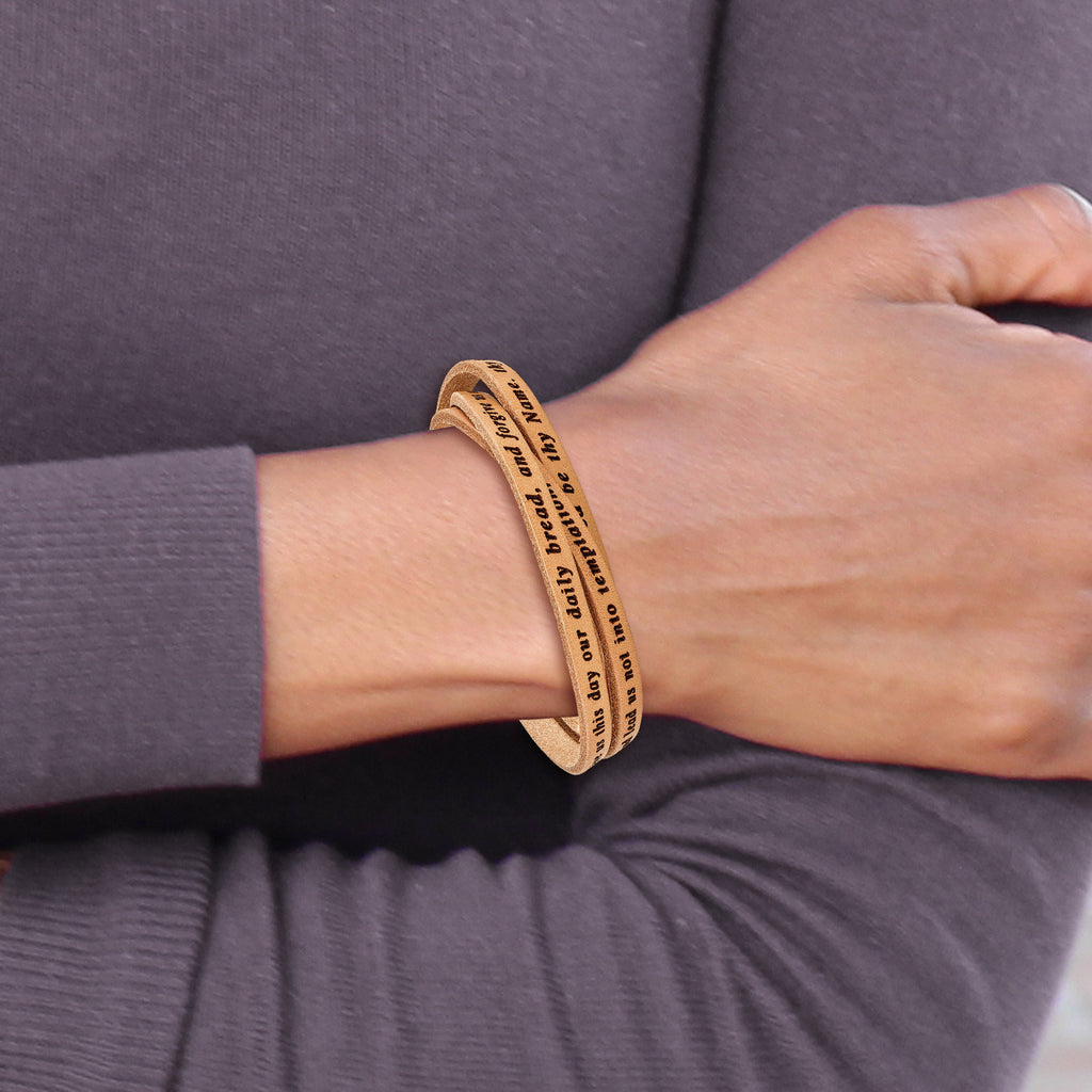 AMEN Stainless Steel Lord's Prayer Tan Leather Wrap with Magnetic Clasp with Magnetic Clasp 21 Inch - Sophia Jewelers