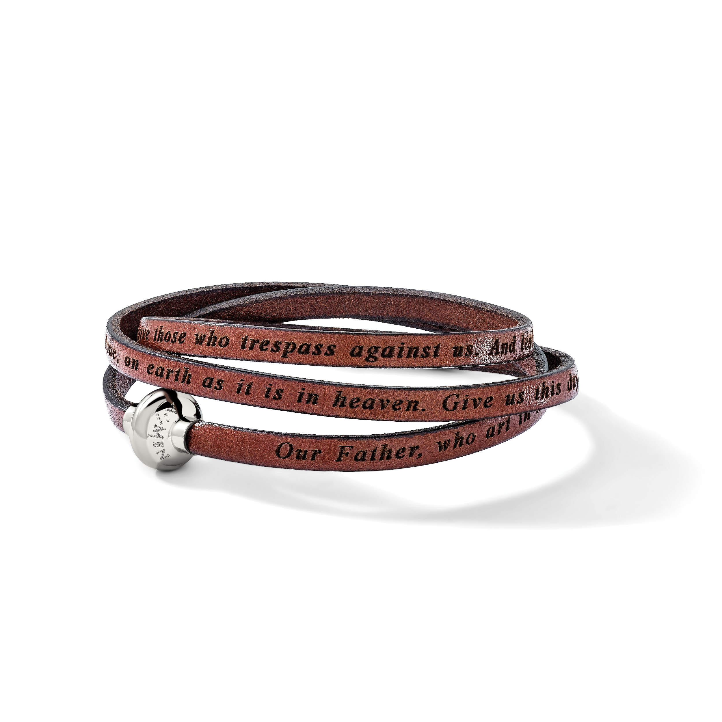 AMEN Stainless Steel Lord's Prayer Brown Leather Wrap with Magnetic Clasp with Magnetic Clasp 22.25 - Sophia Jewelers