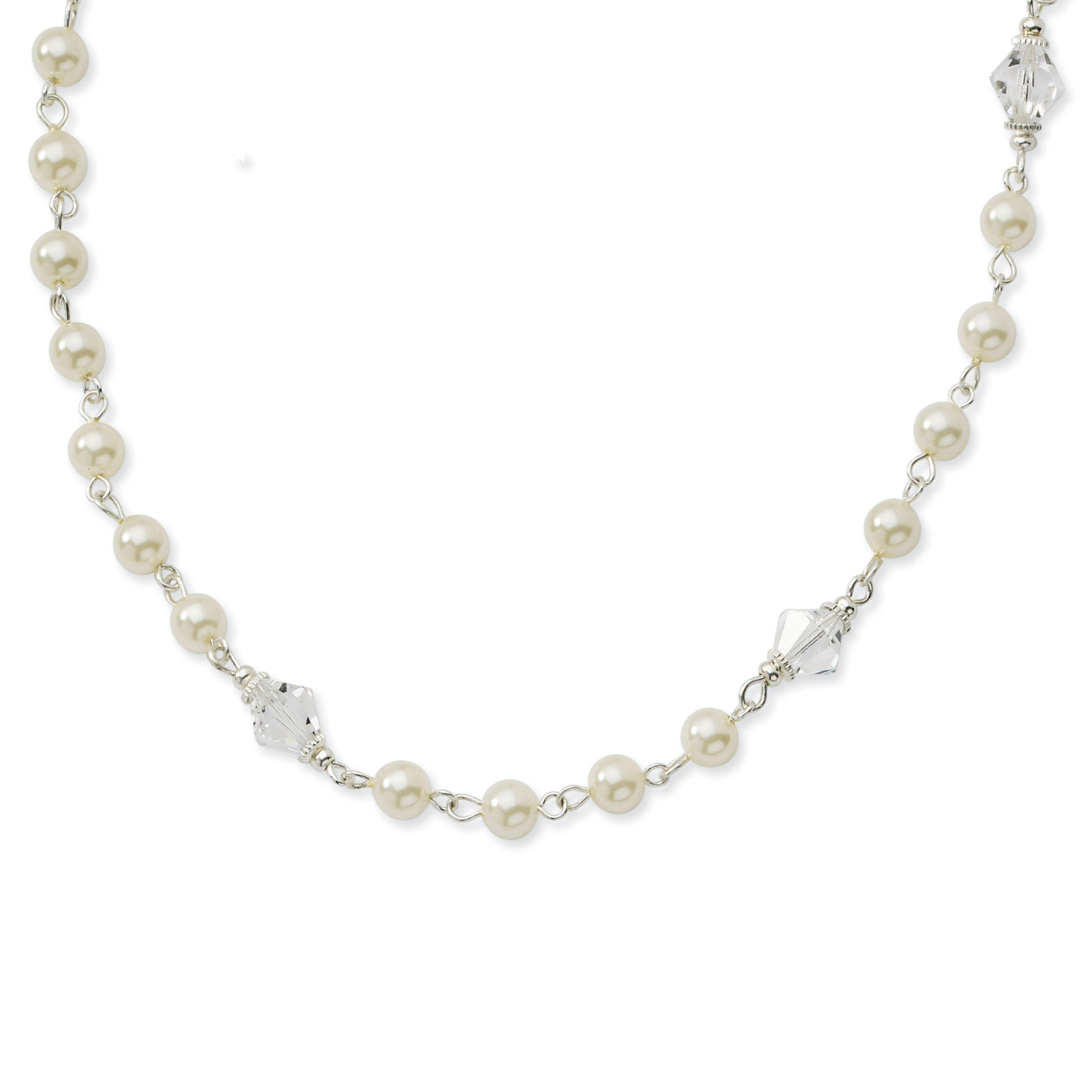 1928 Jewelry Silver-tone Clear Crystal Faceted Beads White Imitation Pearl Strand 15.5 inch Necklace with 3 inch extension Main image