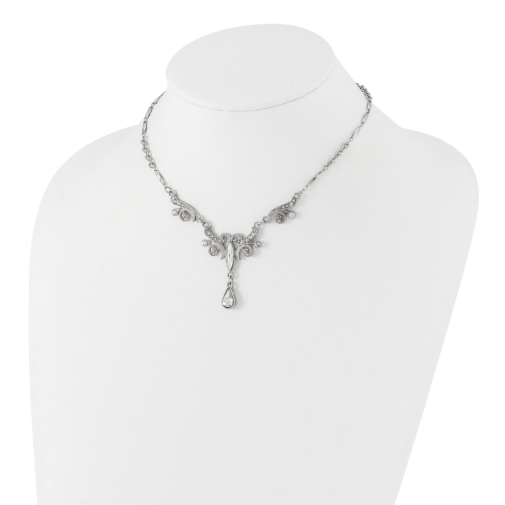 1928 Jewelry Silver-tone Sparkling Clear Crystals from Swarovski Teardrop Adjustable 15 inch Vintage Style Necklace with 3 inch extension