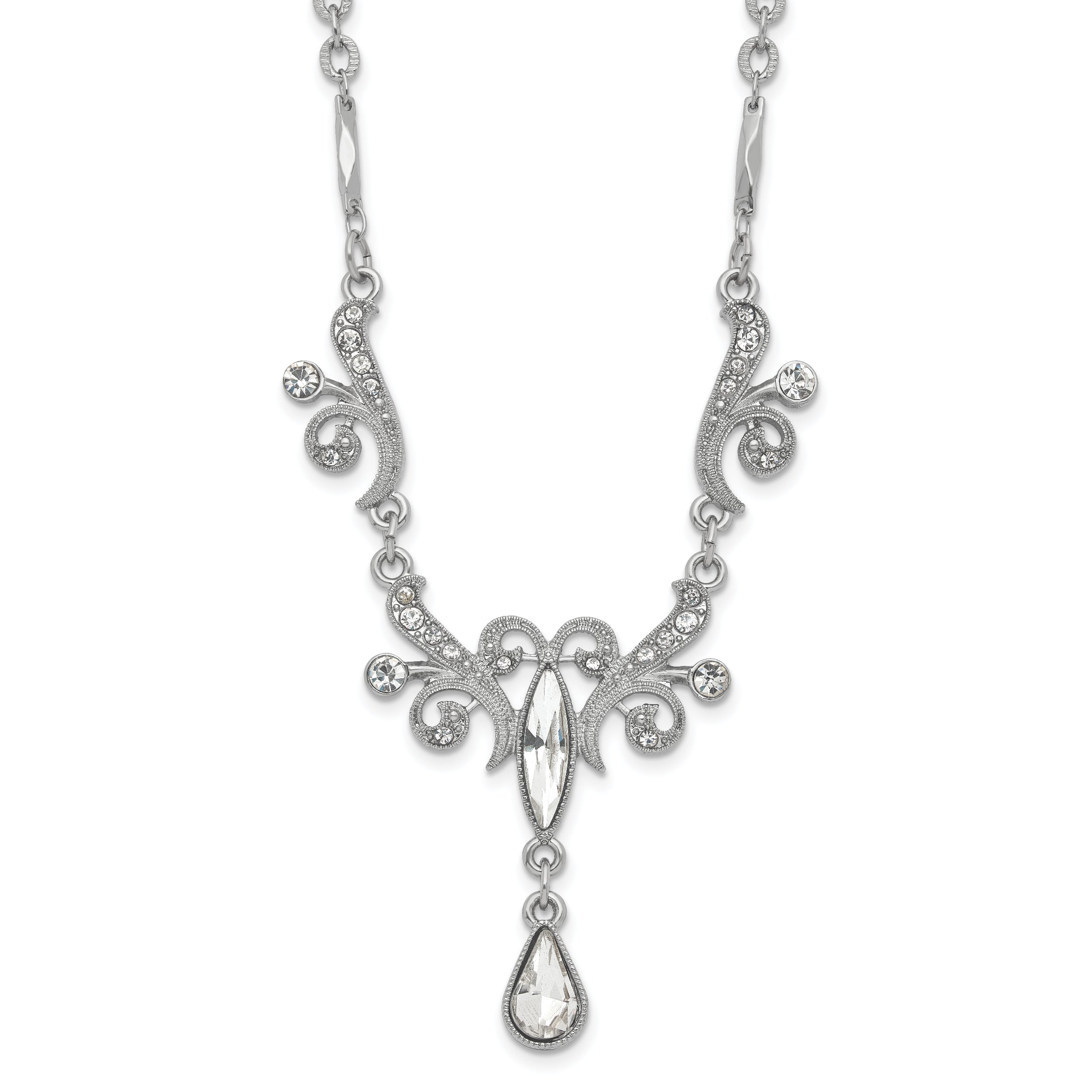 1928 Jewelry Silver-tone Sparkling Clear Crystals from Swarovski Teardrop Adjustable 15 inch Vintage Style Necklace with 3 inch extension