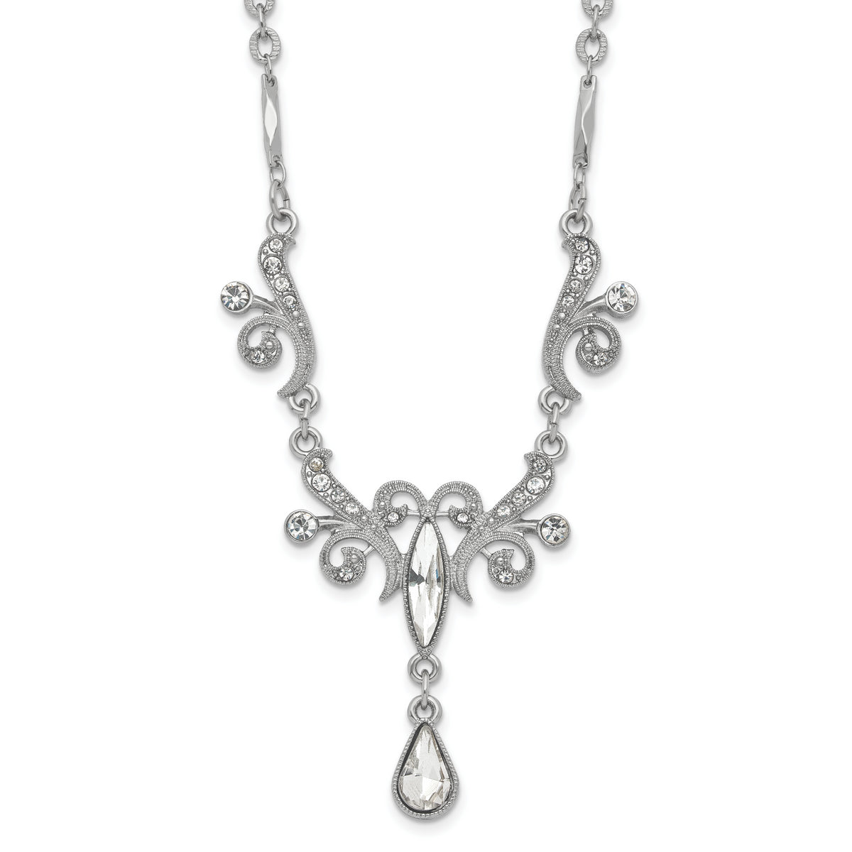 1928 Jewelry Silver-tone Sparkling Clear Crystals from Swarovski Teardrop Adjustable 15 inch Vintage Style Necklace with 3 inch extension