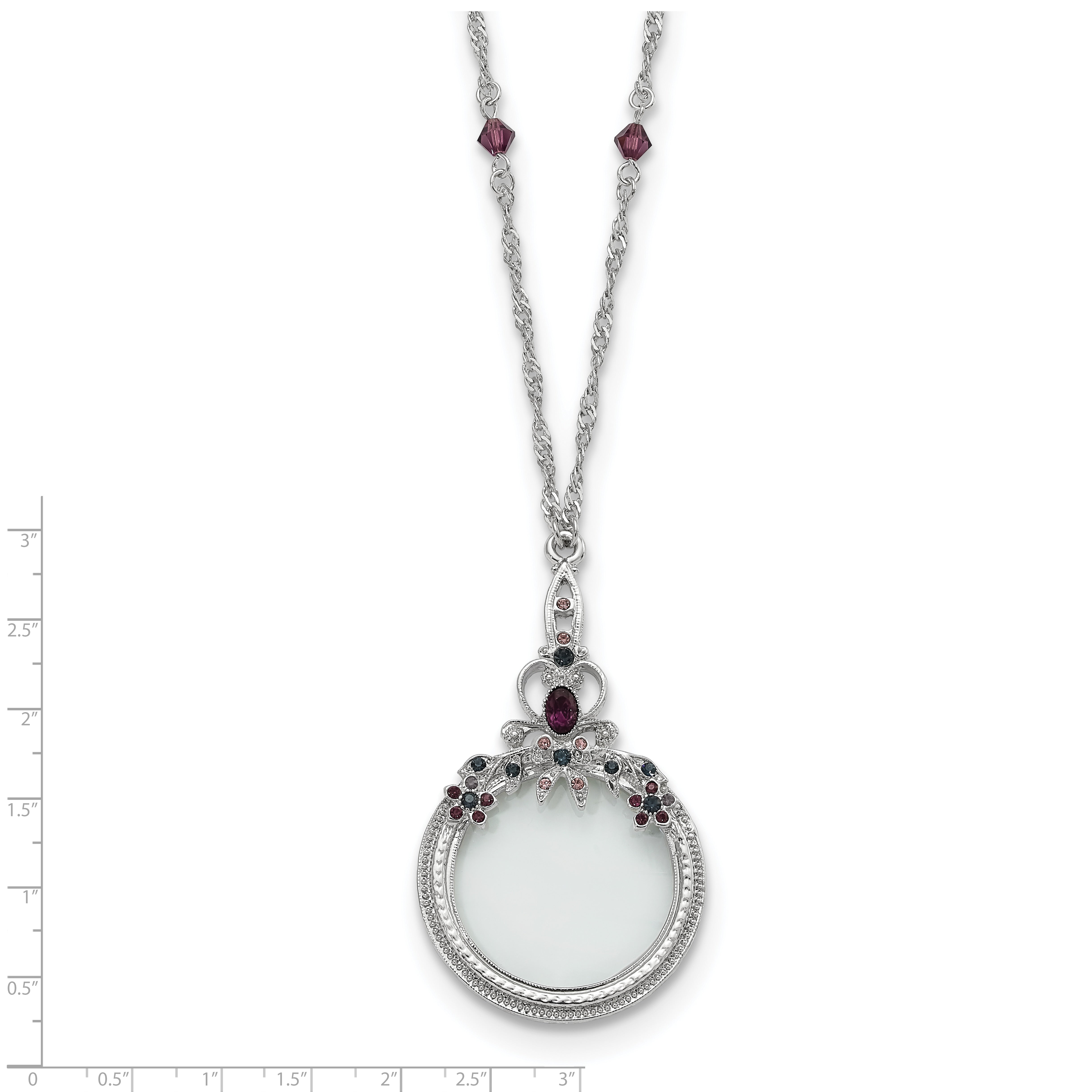 1928 Jewelry Pewter-tone Blue and Purple Crystal 2X Magnifying Glass 30 inch Vintage Necklace