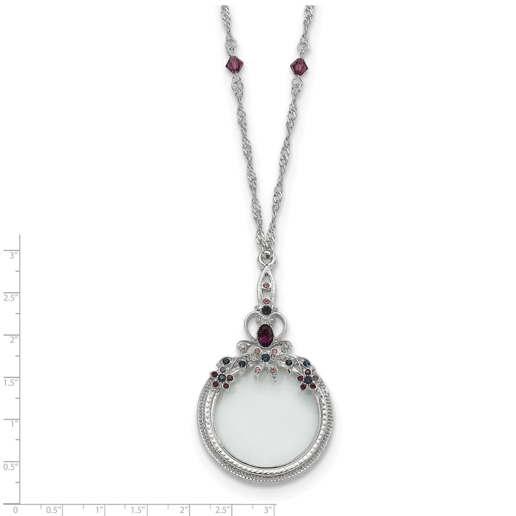 1928 Jewelry Pewter-tone Blue and Purple Crystal 2X Magnifying Glass 30 inch Vintage Necklace