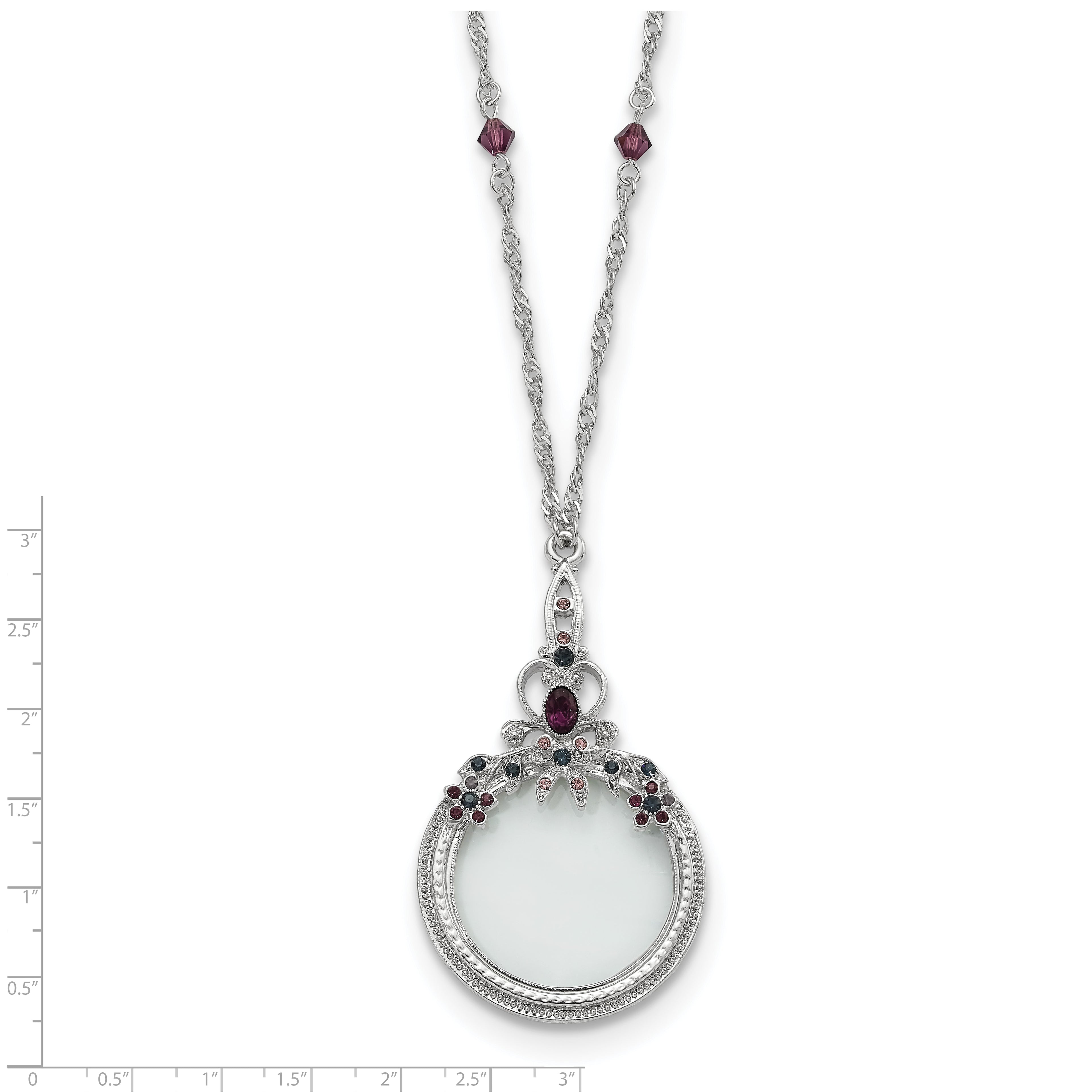 1928 Jewelry Pewter-tone Blue and Purple Crystal 2X Magnifying Glass 30 inch Vintage Necklace