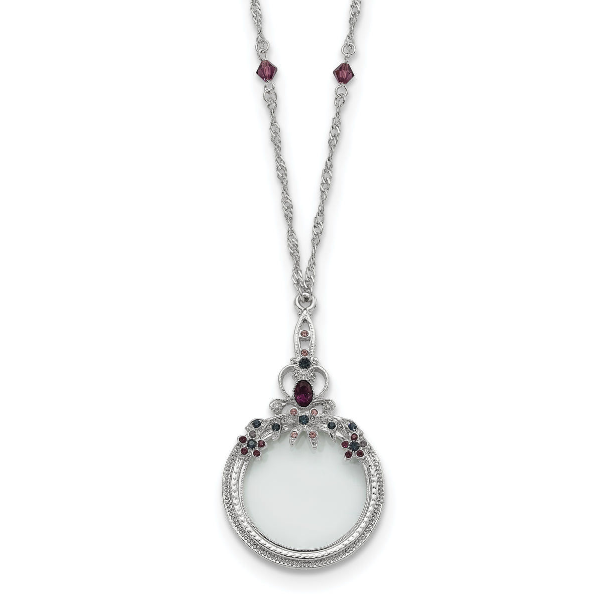 1928 Jewelry Pewter-tone Blue and Purple Crystal 2X Magnifying Glass 30 inch Vintage Necklace