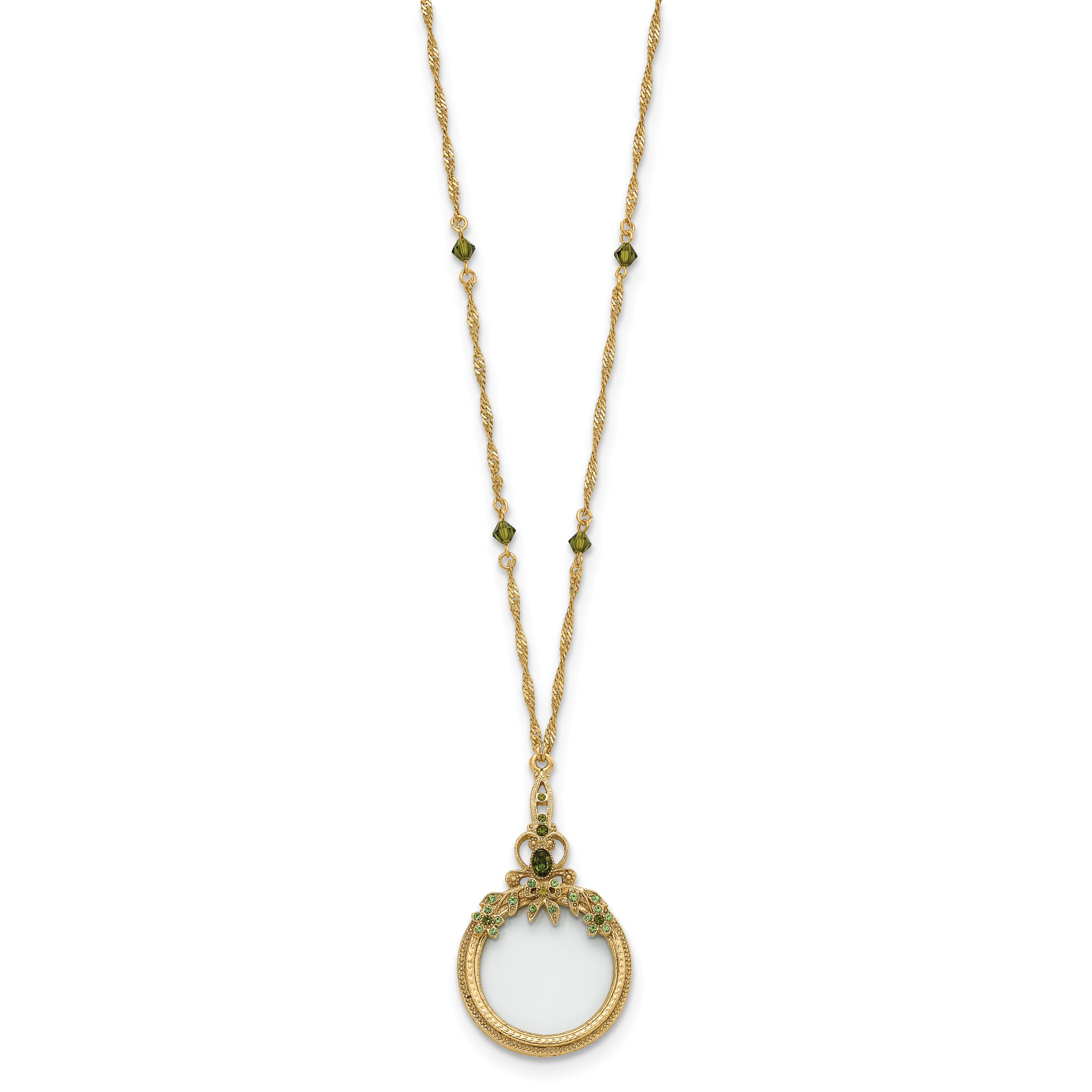 1928 Jewelry Burnished Brass-tone Light and Dark Green Crystal 2X Magnifying Glass 30 inch Vintage Necklace Secondary image