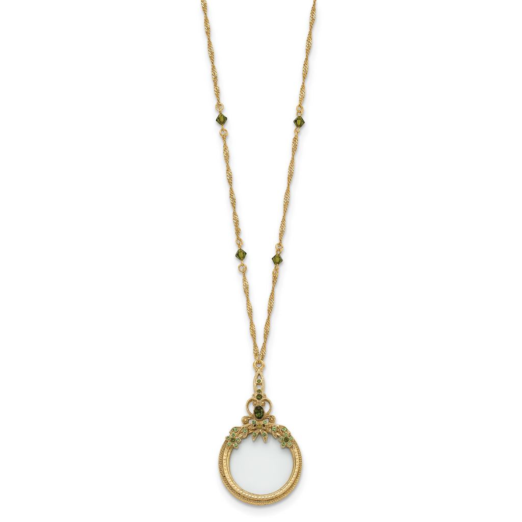 1928 Jewelry Burnished Brass-tone Light and Dark Green Crystal 2X Magnifying Glass 30 inch Vintage Necklace