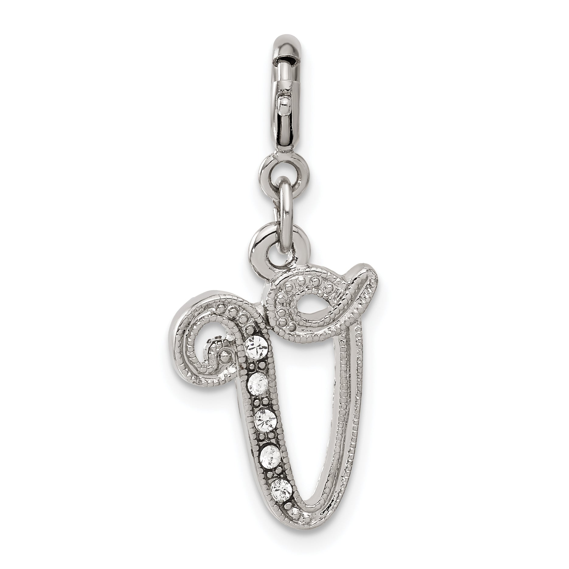 1928 Silver-tone Crystal Initial V Spring Ring Charm