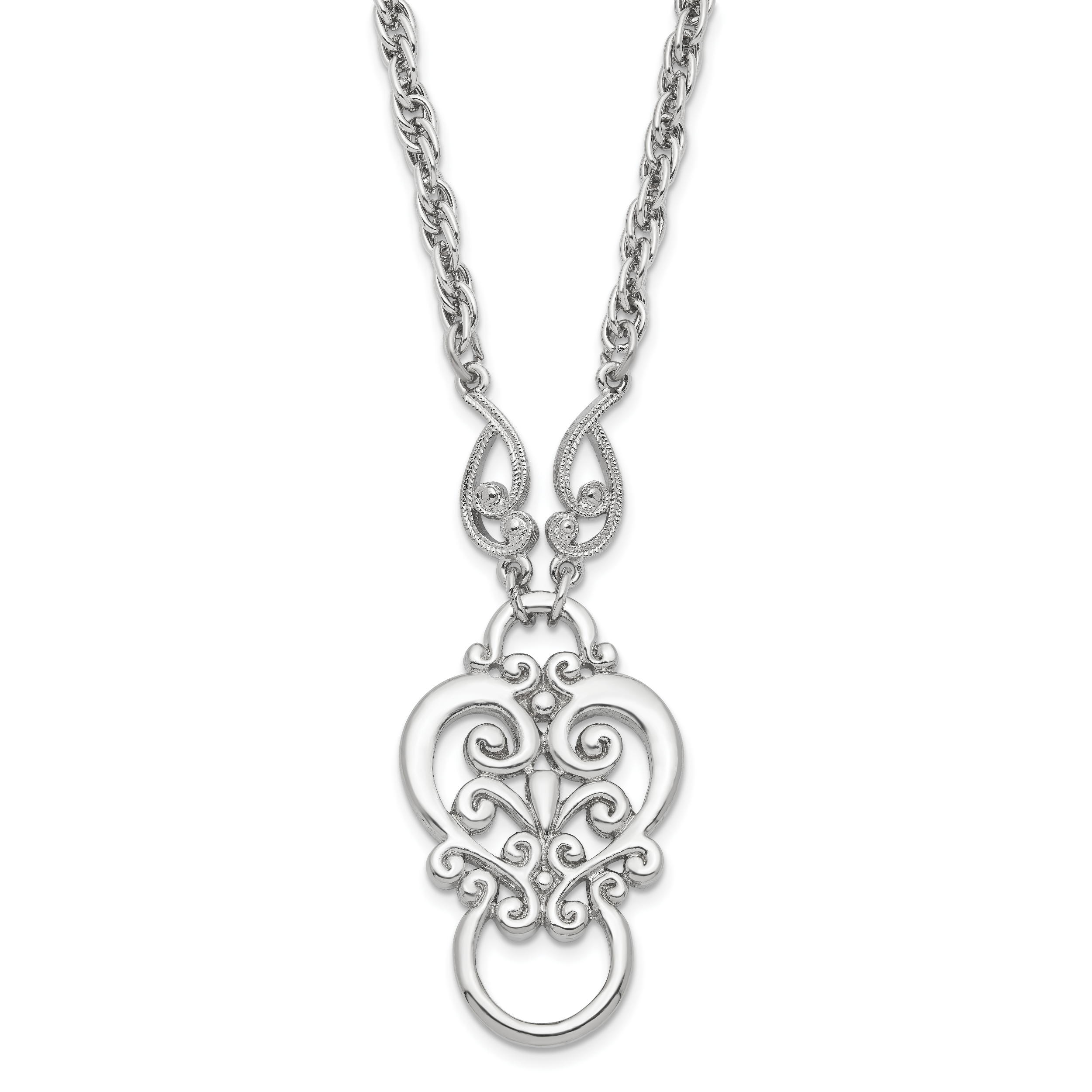1928 Jewelry Silver-tone Fancy Filigree Scroll 28 inch Eye Glass or Badge Holder Necklace Main image