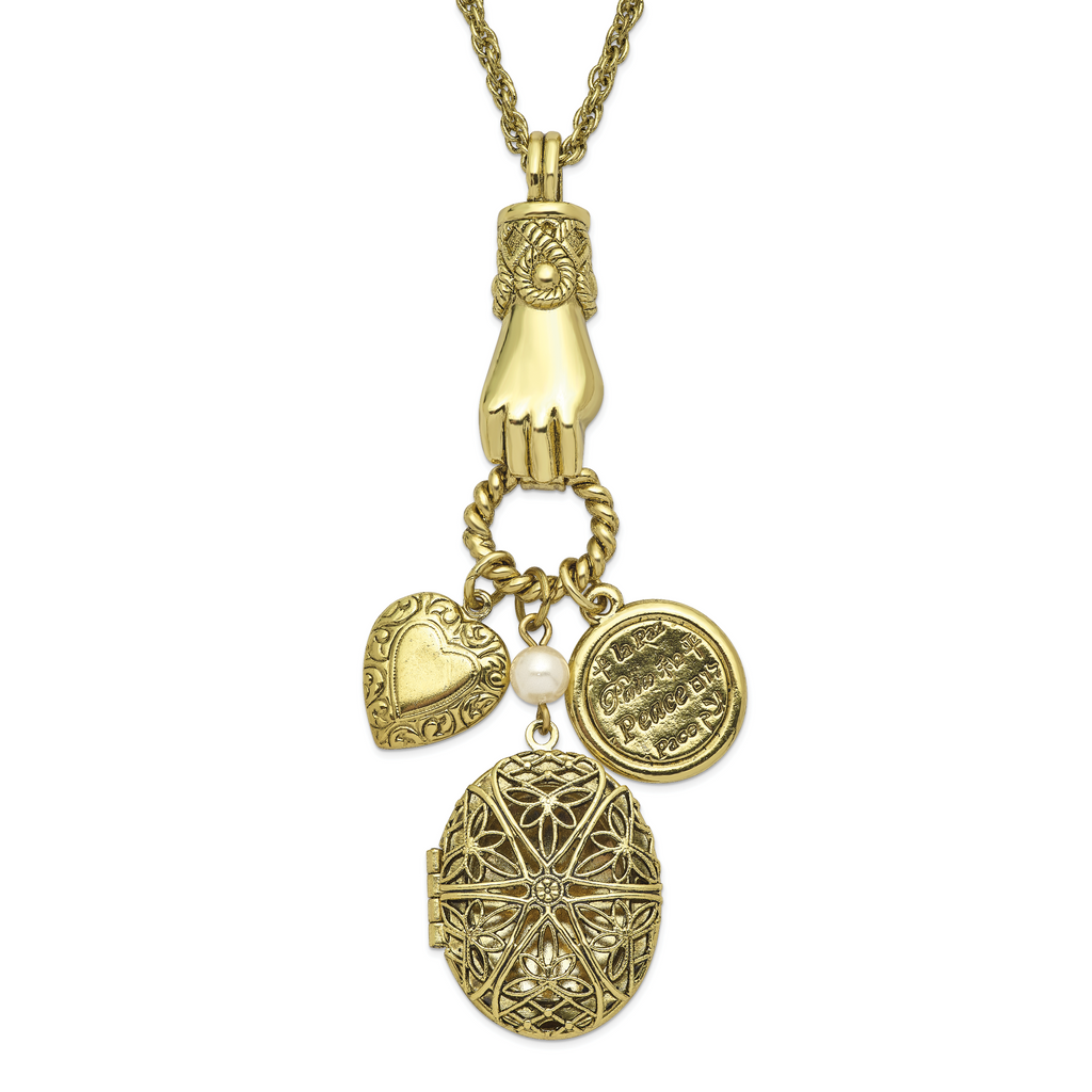 1928 Jewelry Brass-tone Hand Holding Oval 28mm Locket  and Polished Heart and Peace Charm 30 inch Necklace Holds 2 Photos