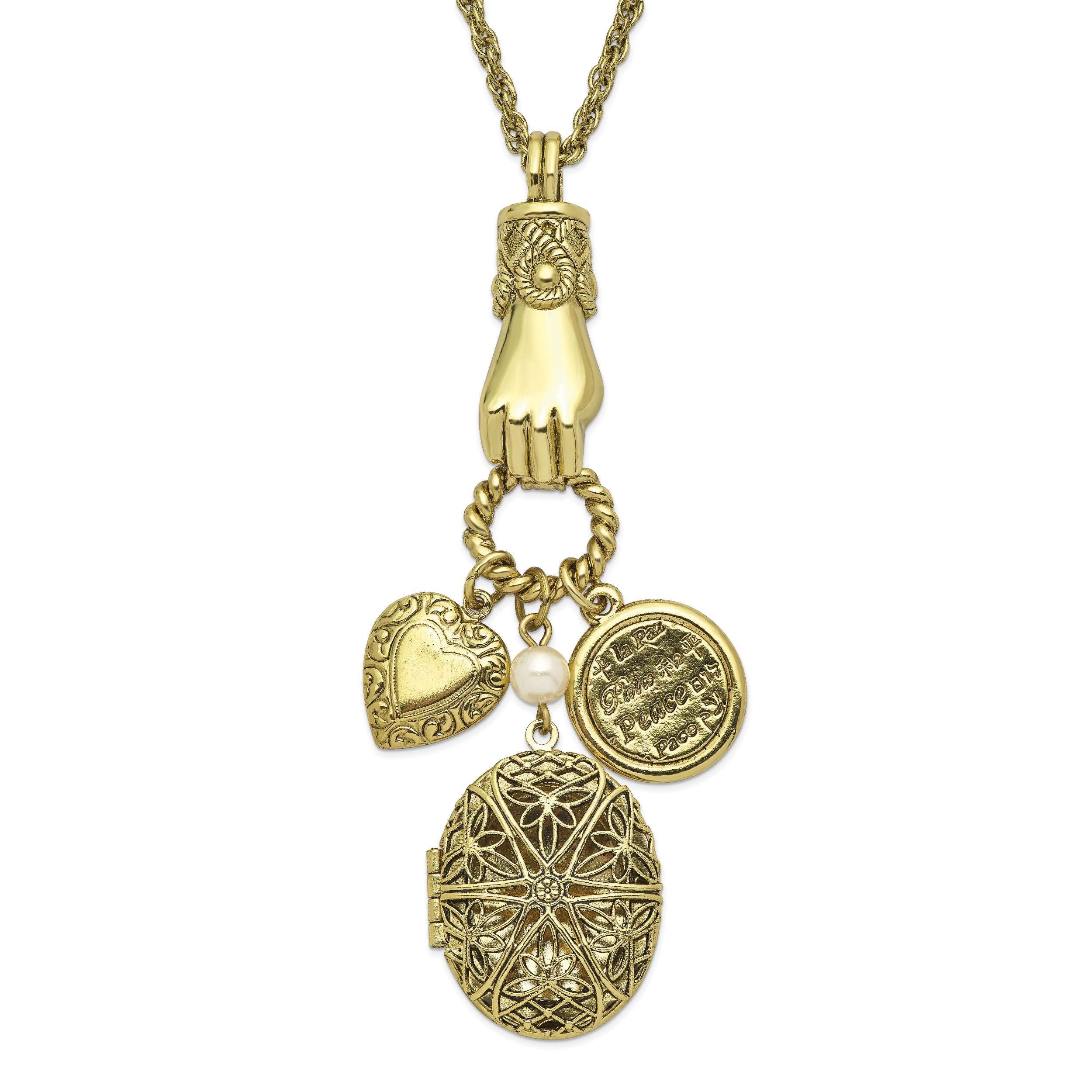 1928 Jewelry Brass-tone Hand Holding Oval 28mm Locket  and Polished Heart and Peace Charm 30 inch Necklace Holds 2 Photos