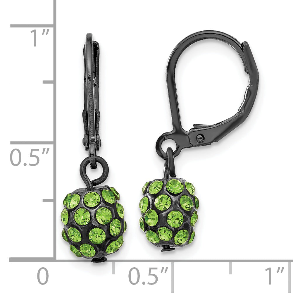 1928 Black-plated Green Glass Stone Ball Leverback Earrings