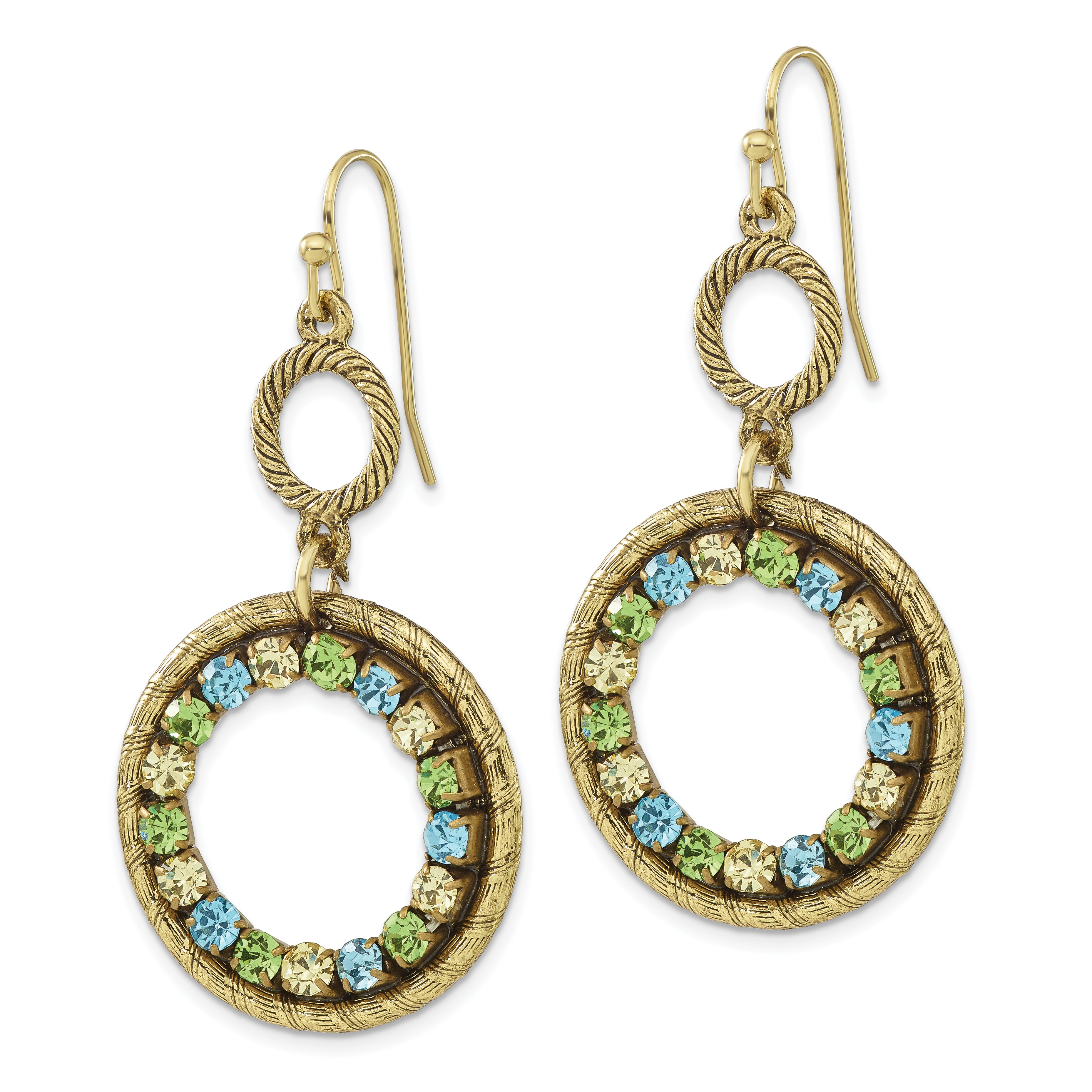 1928 Jewelry Brass-tone Textured Frame Blue Green and Light Colorado Crystal Double Circle Dangle Earrings
