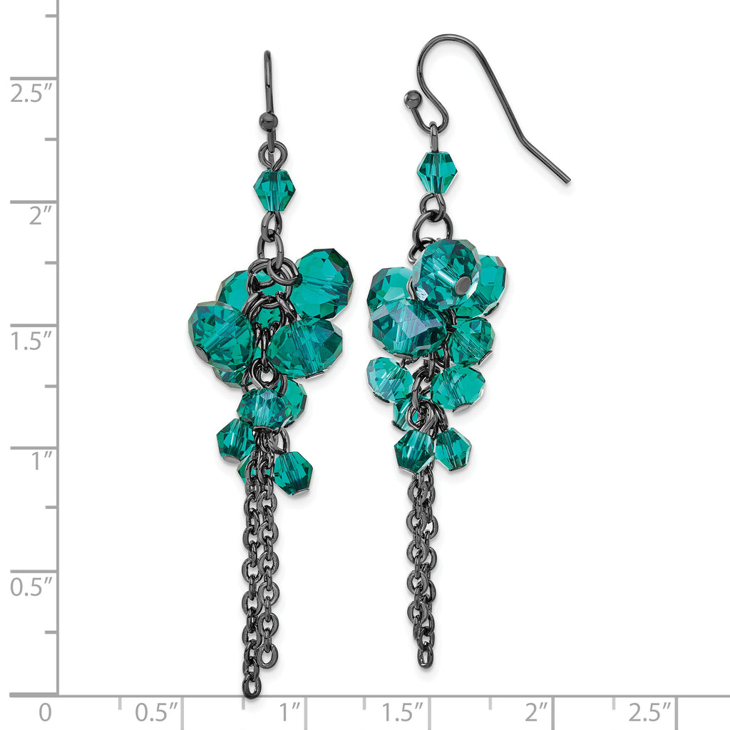 1928 Black-plated Dark Green Glass Beads Dangle Earrings