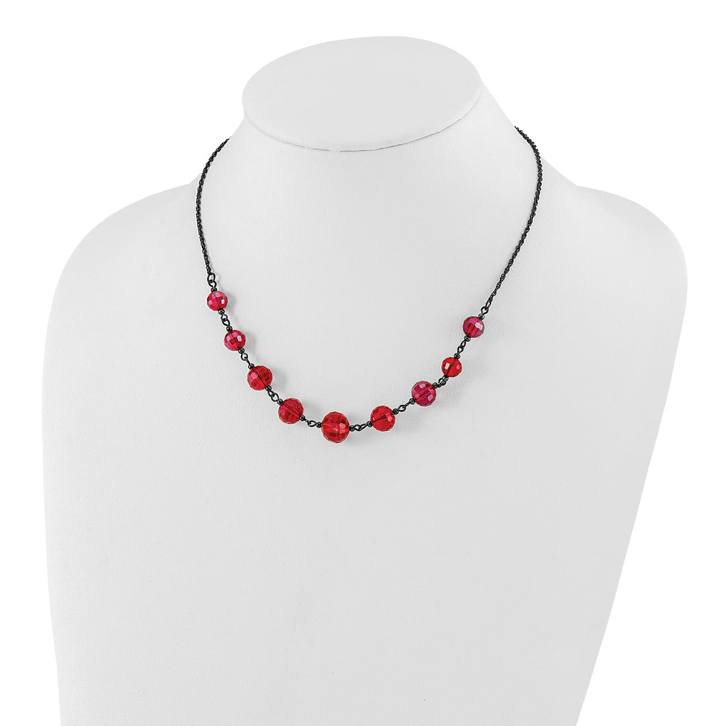 1928 Jewelry Black-plated Red Glass Faceted Graduated Bead 16 inch Necklace with 3 inch extension