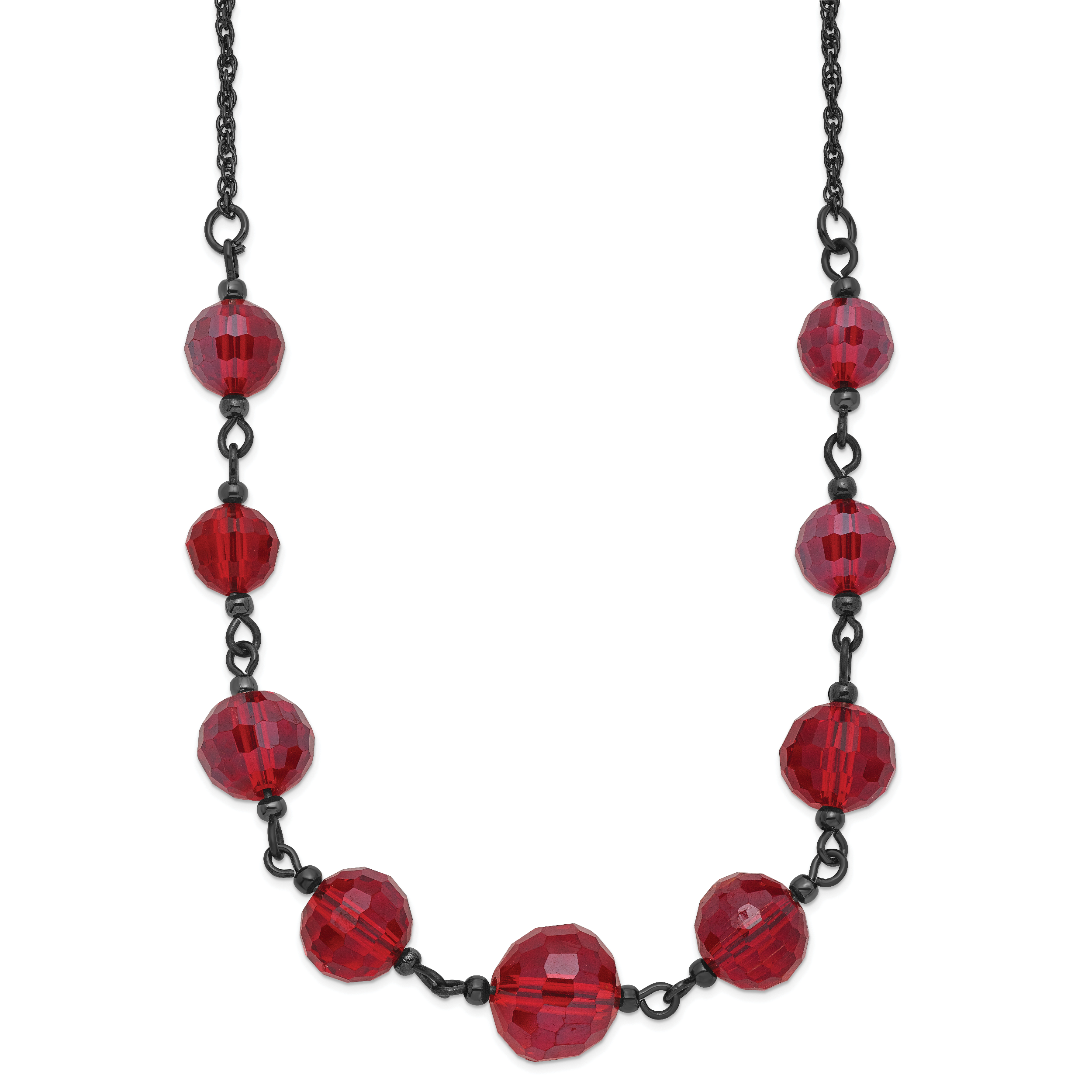 1928 Jewelry Black-plated Red Glass Faceted Graduated Bead 16 inch Necklace with 3 inch extension Main image