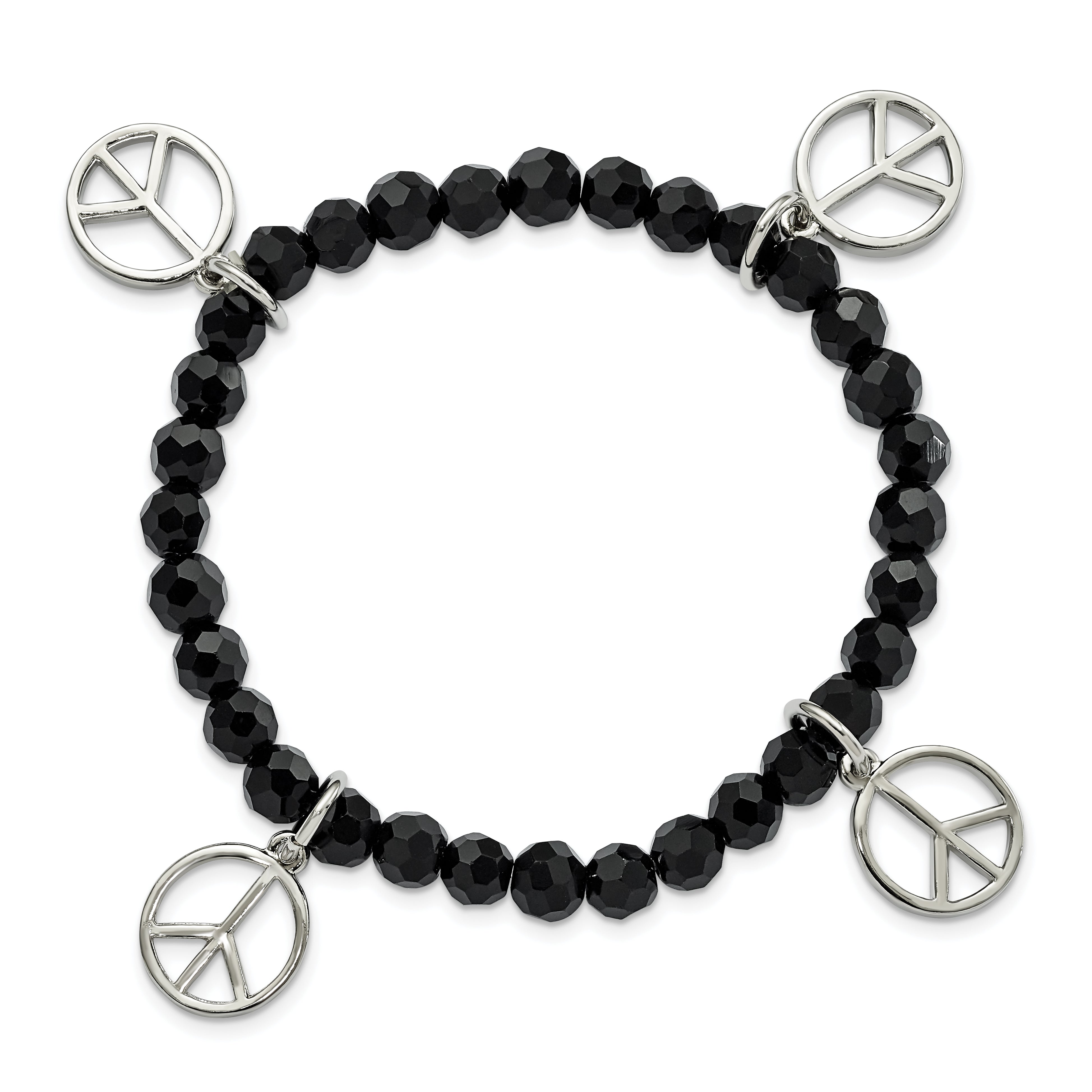 1928 Jewelry Silver-tone Peace Charms on Jet Black Crystal Faceted Beaded Stretch Bracelet Secondary image