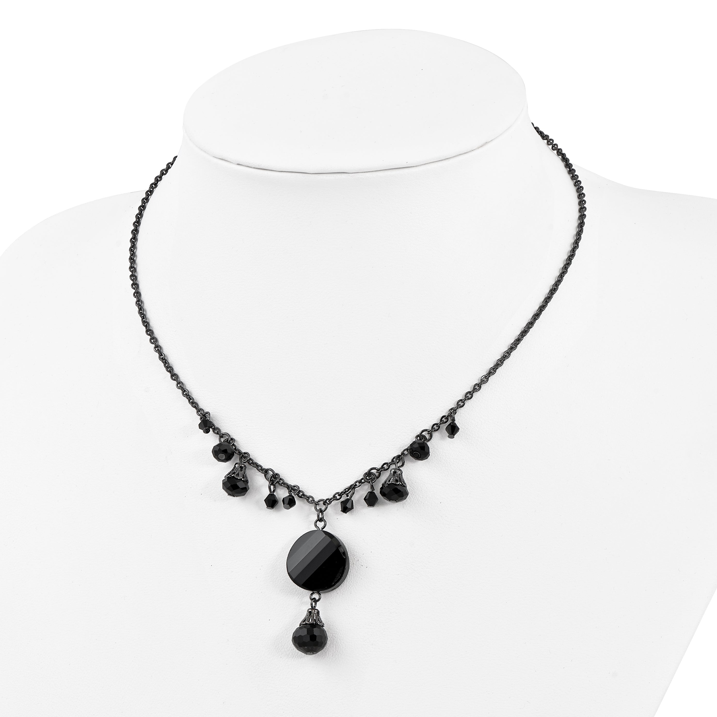1928 Jewelry Black-plated Jet Black Faceted Glass Dangle Beads 16 inch Necklace with 3 inch extension Secondary image