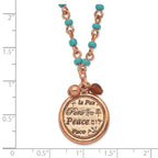 1928 Jewelry Copper-tone and Aqua Acrylic Bead Link Brown Acrylic Bead and Polished Peace Pendant 16 in Necklace with 3 inch extension